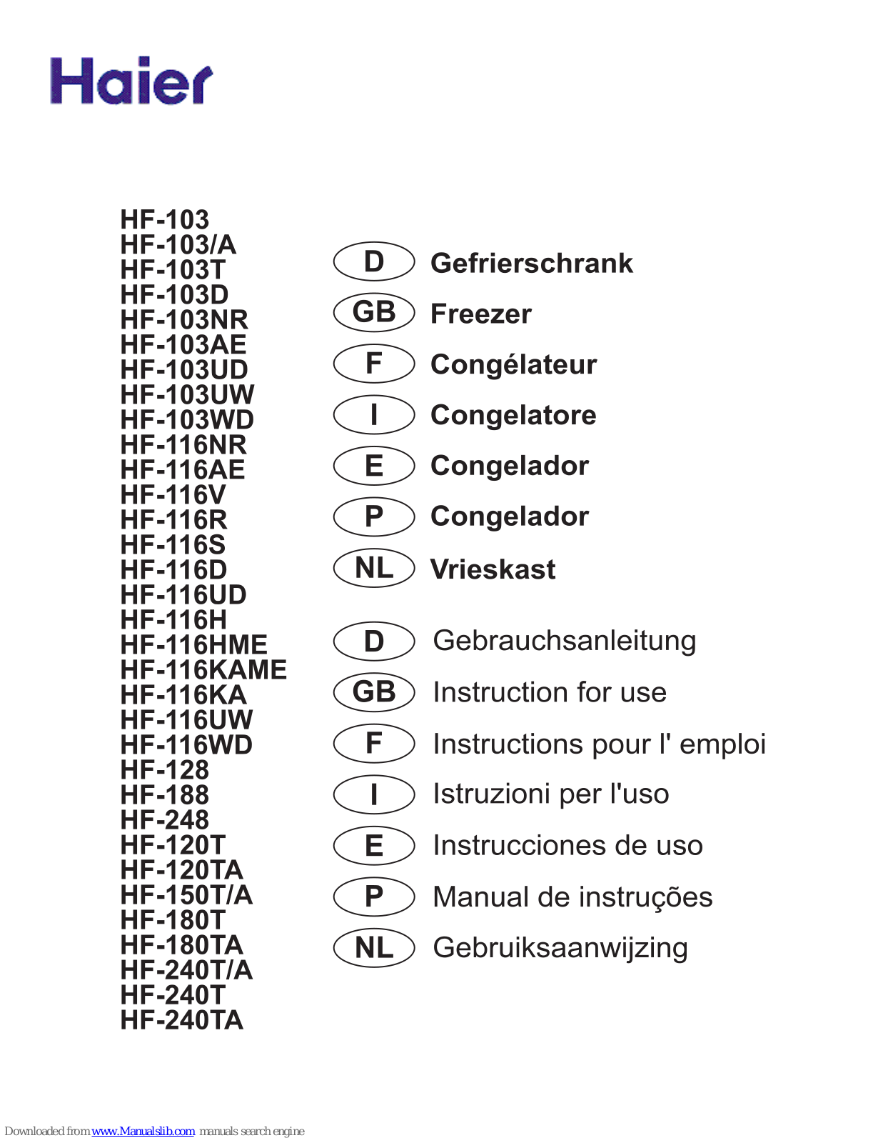 Haier HF-103/A, HF-103NR, HF-103AE, HF-103D, HF-103T Instructions For Use Manual