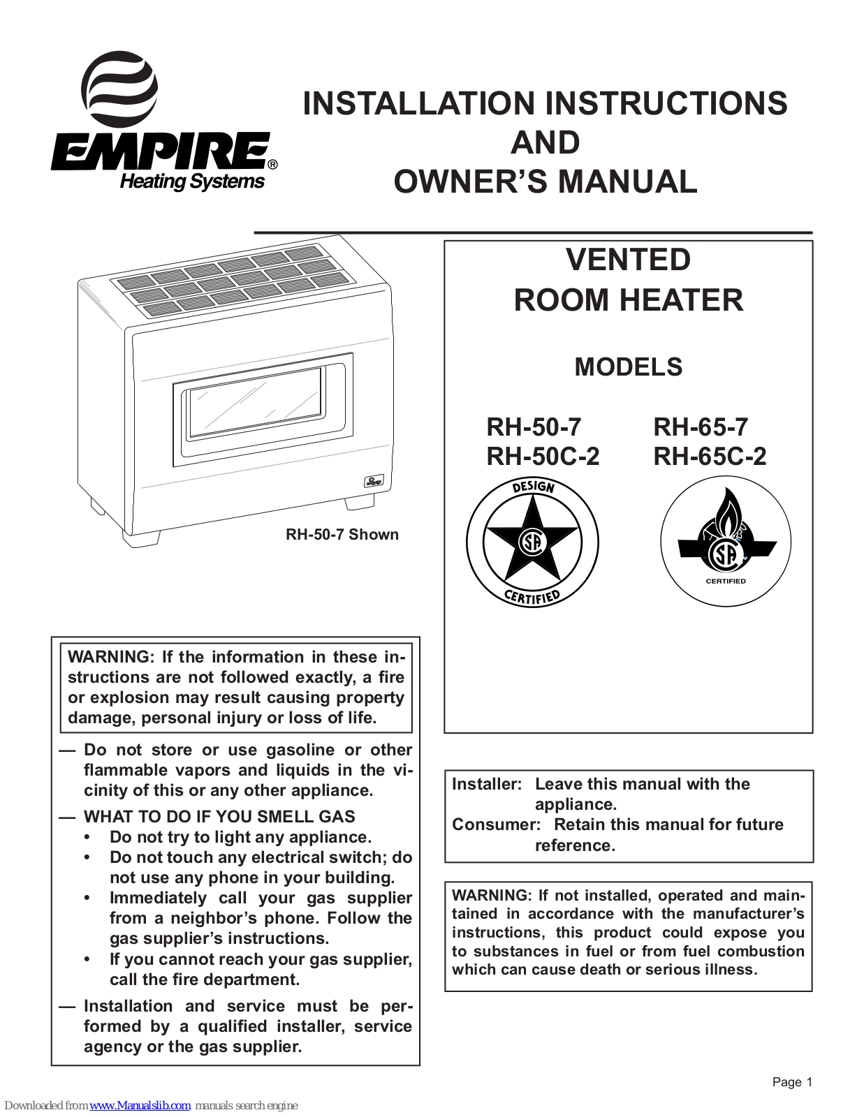 Empire Heating Systems RH-50-7, RH-65-7, RH-65C-2, RH-50C-2 Installation Instructions And Owner's Manual