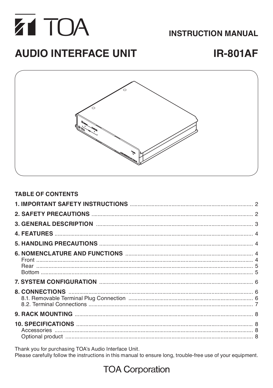 Toa IR-801AF User Manual