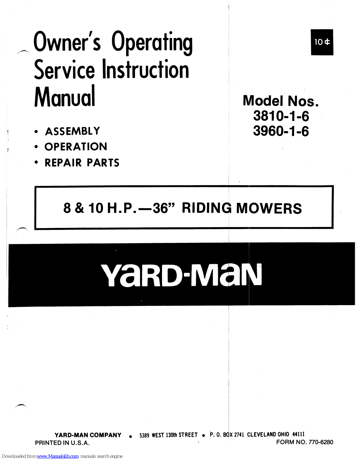 Yard-Man 3810-1-6, 3960-1-6 Owner's Operating Service Instruction Manual