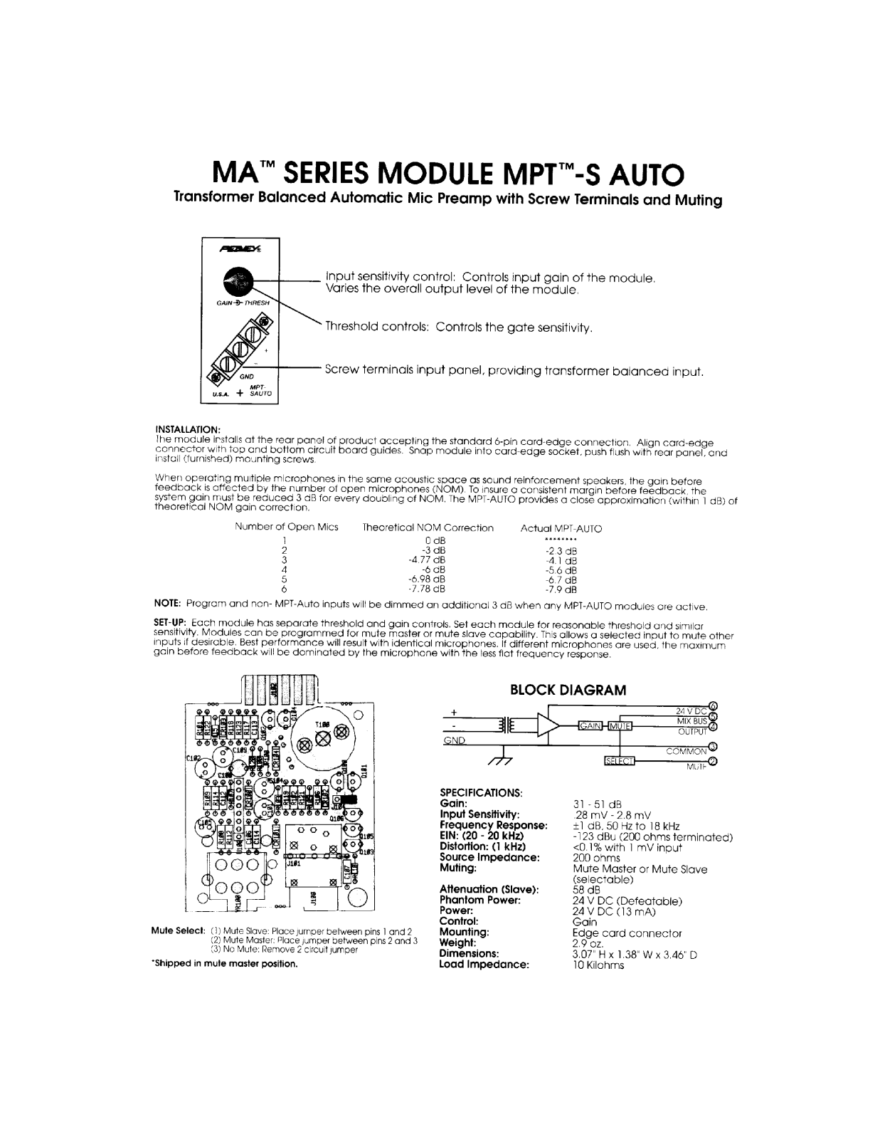 Peavey MA Series MODULE MPT-S INSTALLATION GUIDE