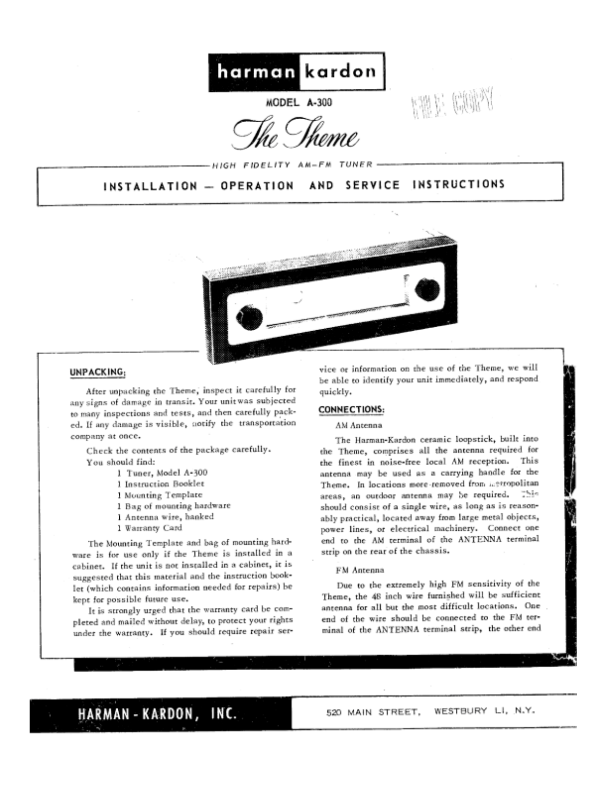 Harman Kardon A-300 Owners manual