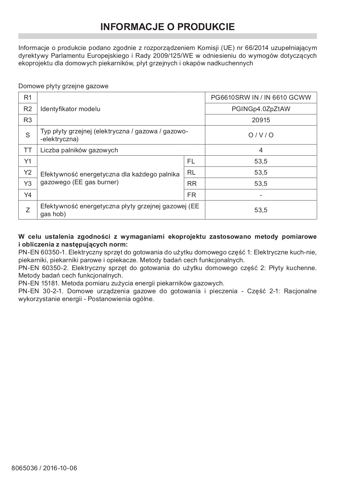 Amica IN6610GCWW Information sheet