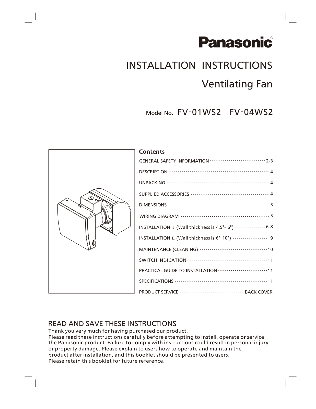 Panasonic FV-01WS2, FV-04WS2 User Manual