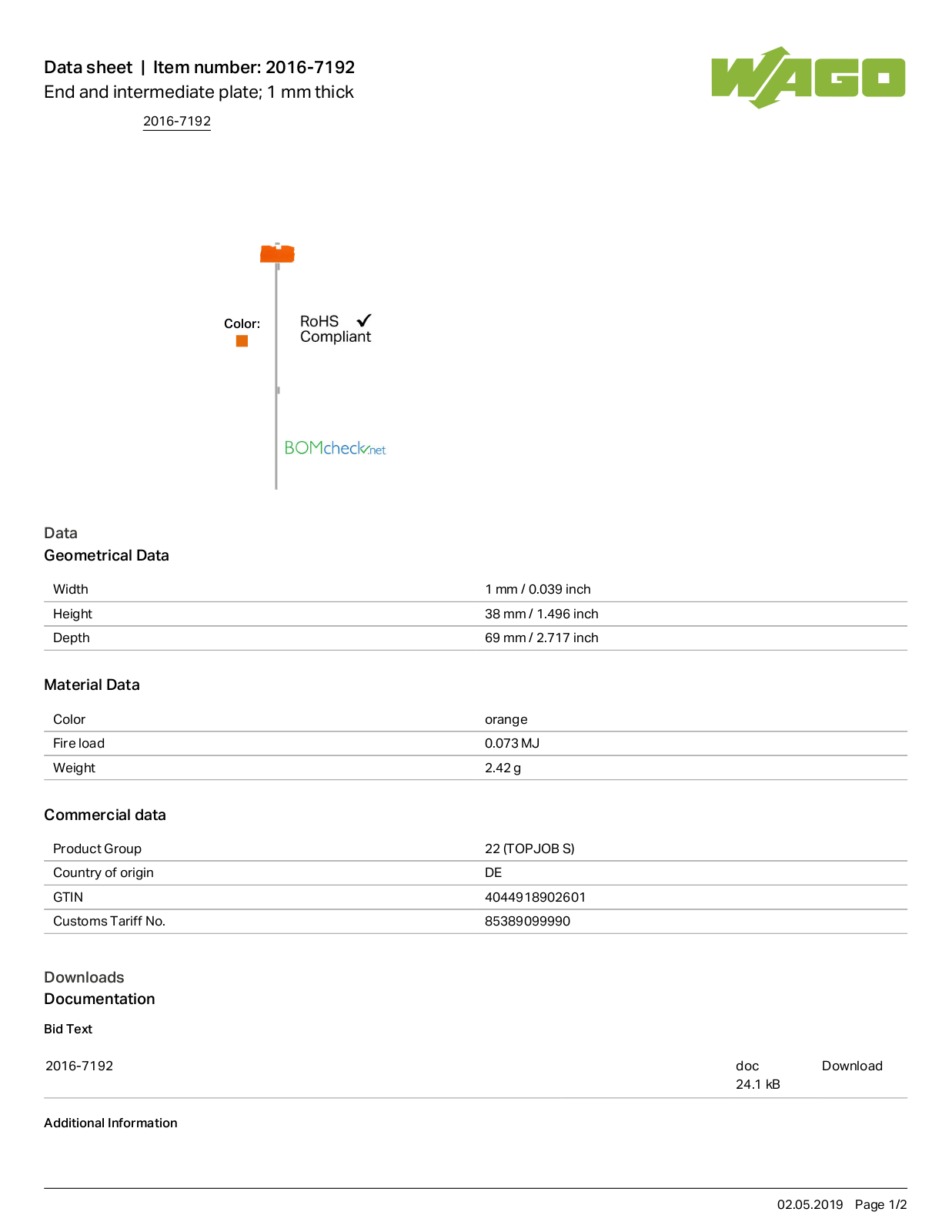 Wago 2016-7192 Data Sheet