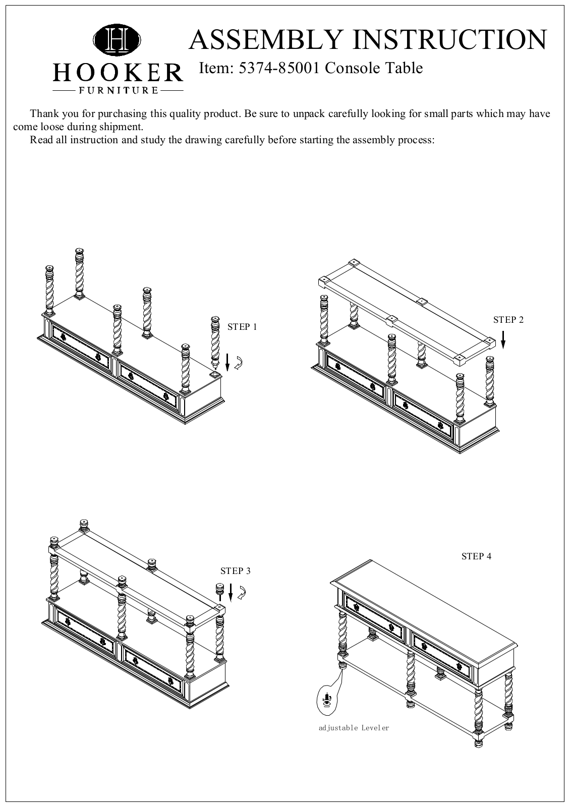 Hooker Furniture 537485001 Assembly Guide