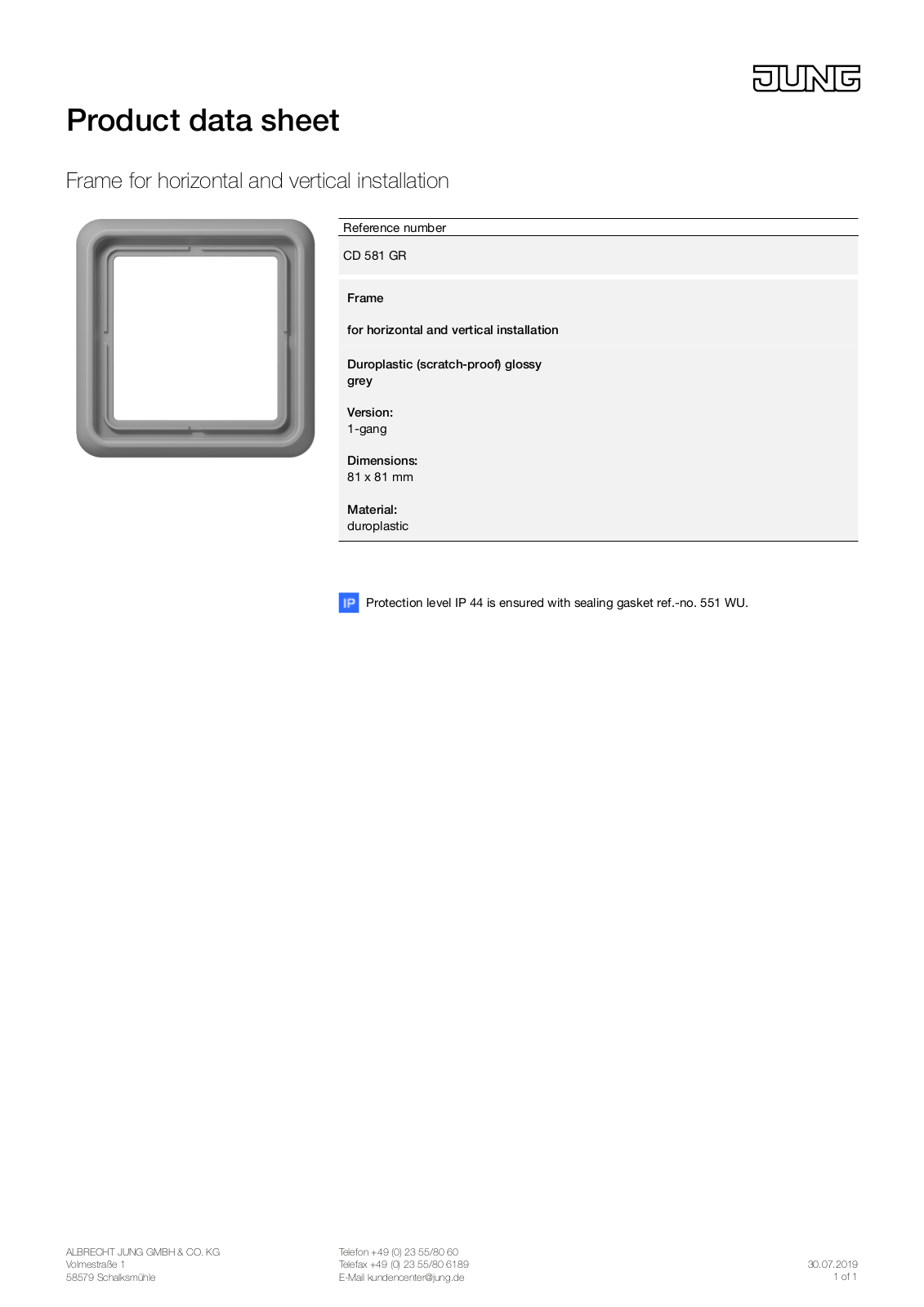 Jung CD 581 GR Technical data