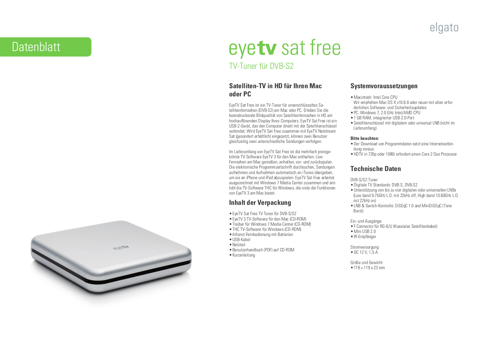 Elgato EYETV SAT FREE DATASHEET