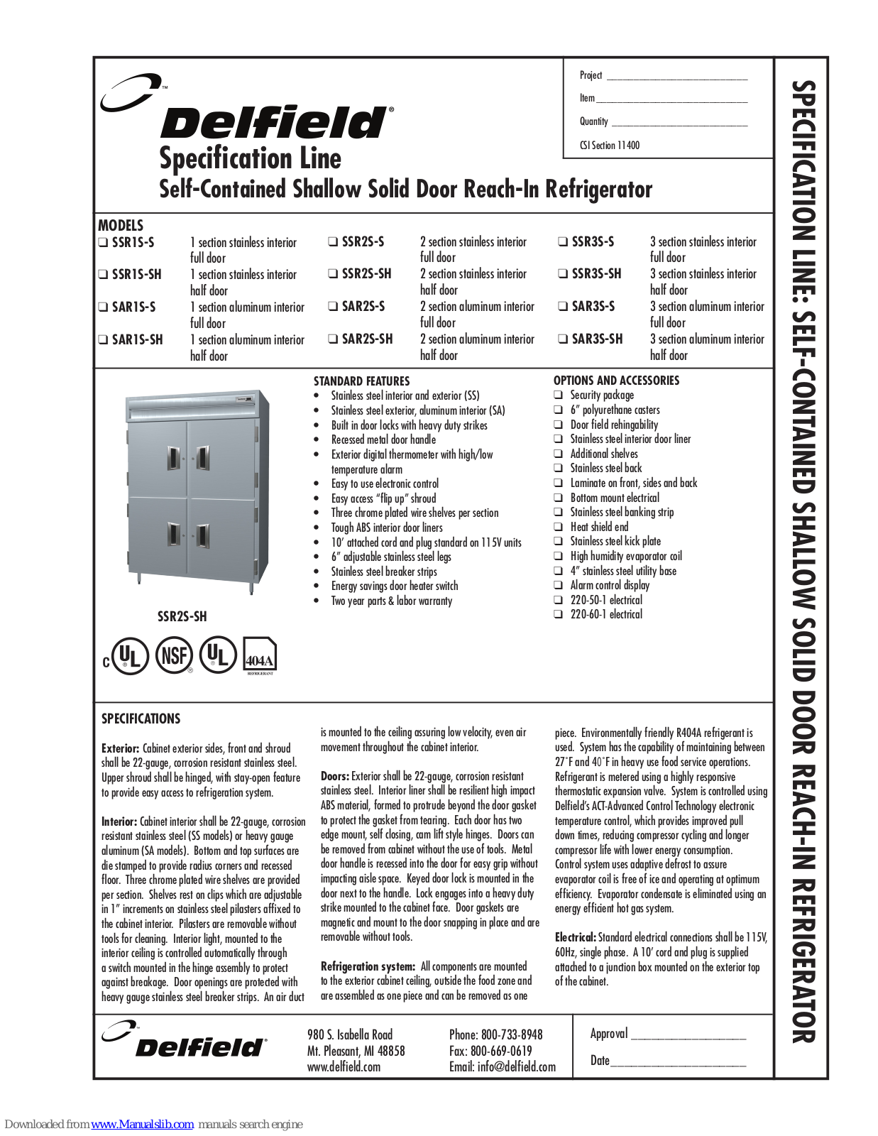 Delfield SAR1S-S, SAR1S-SH, SAR2S-S, SAR2S-SH, SAR3S-S Specifications