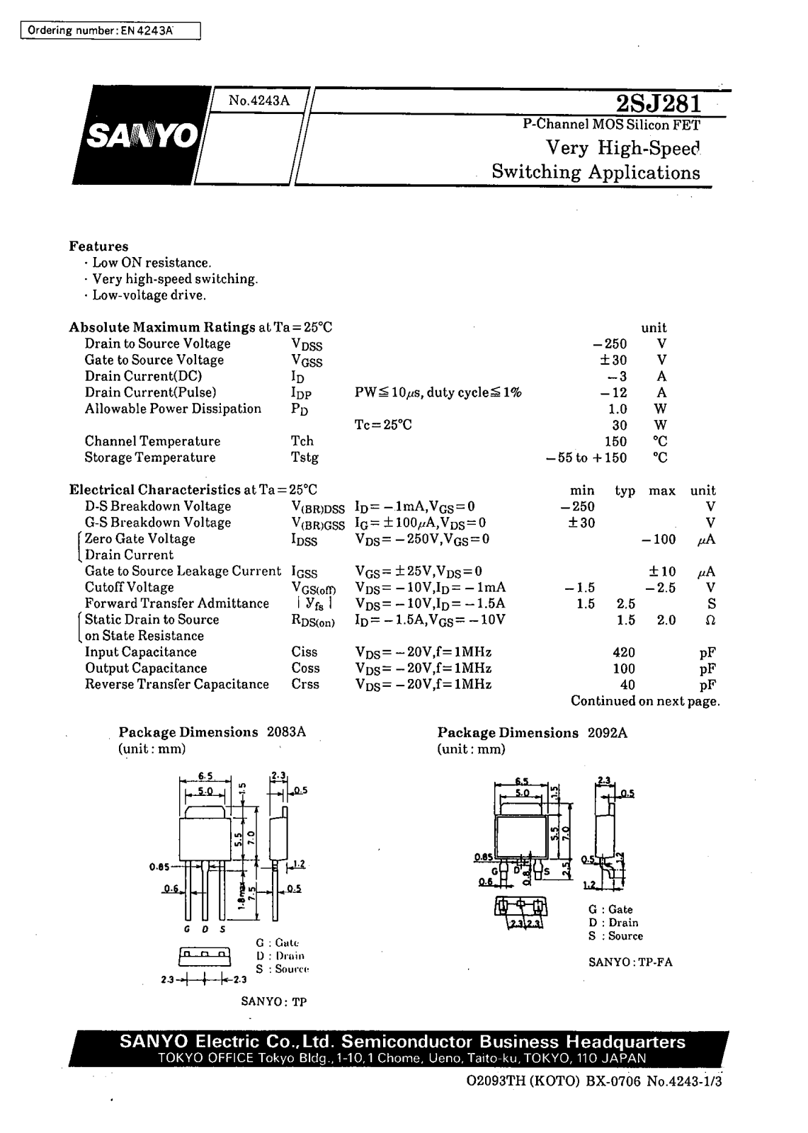 Datasheet 2SJ281 Datasheet (SANYO) - ManualMachine.com