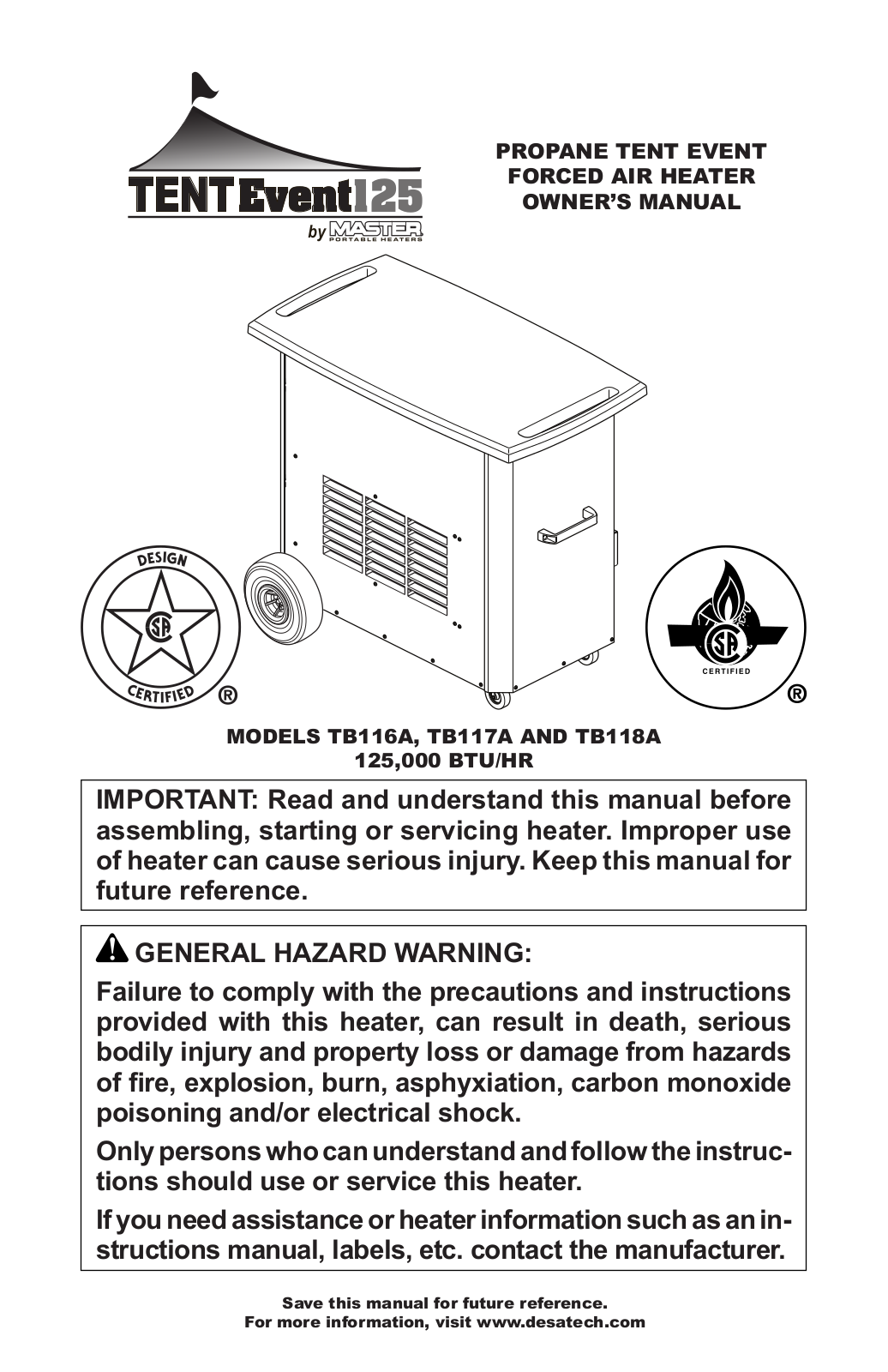 Master TB116A, TB118A, TB117A Owner's Manual