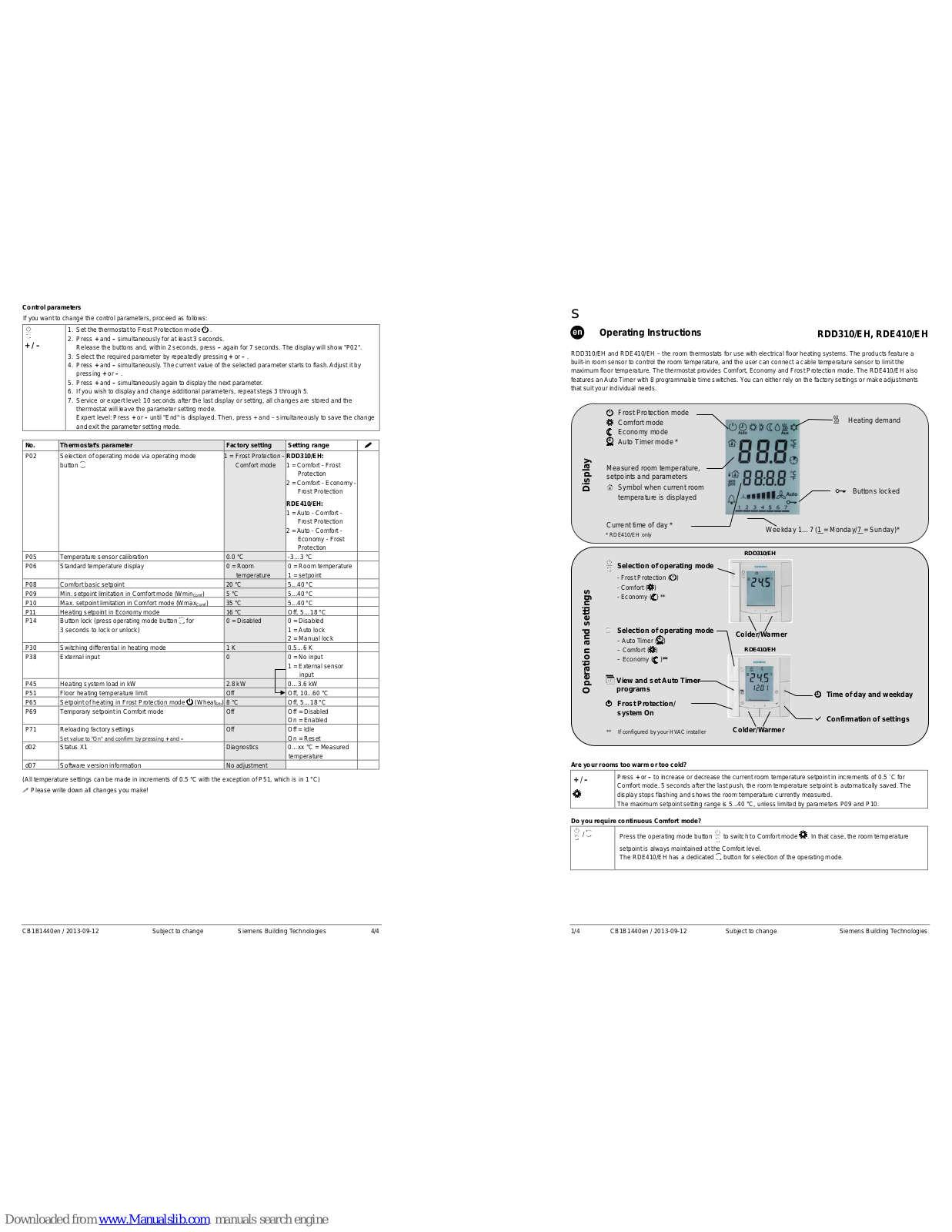 Siemens RDE410/EH, RDD310/EH Operating Instructions Manual