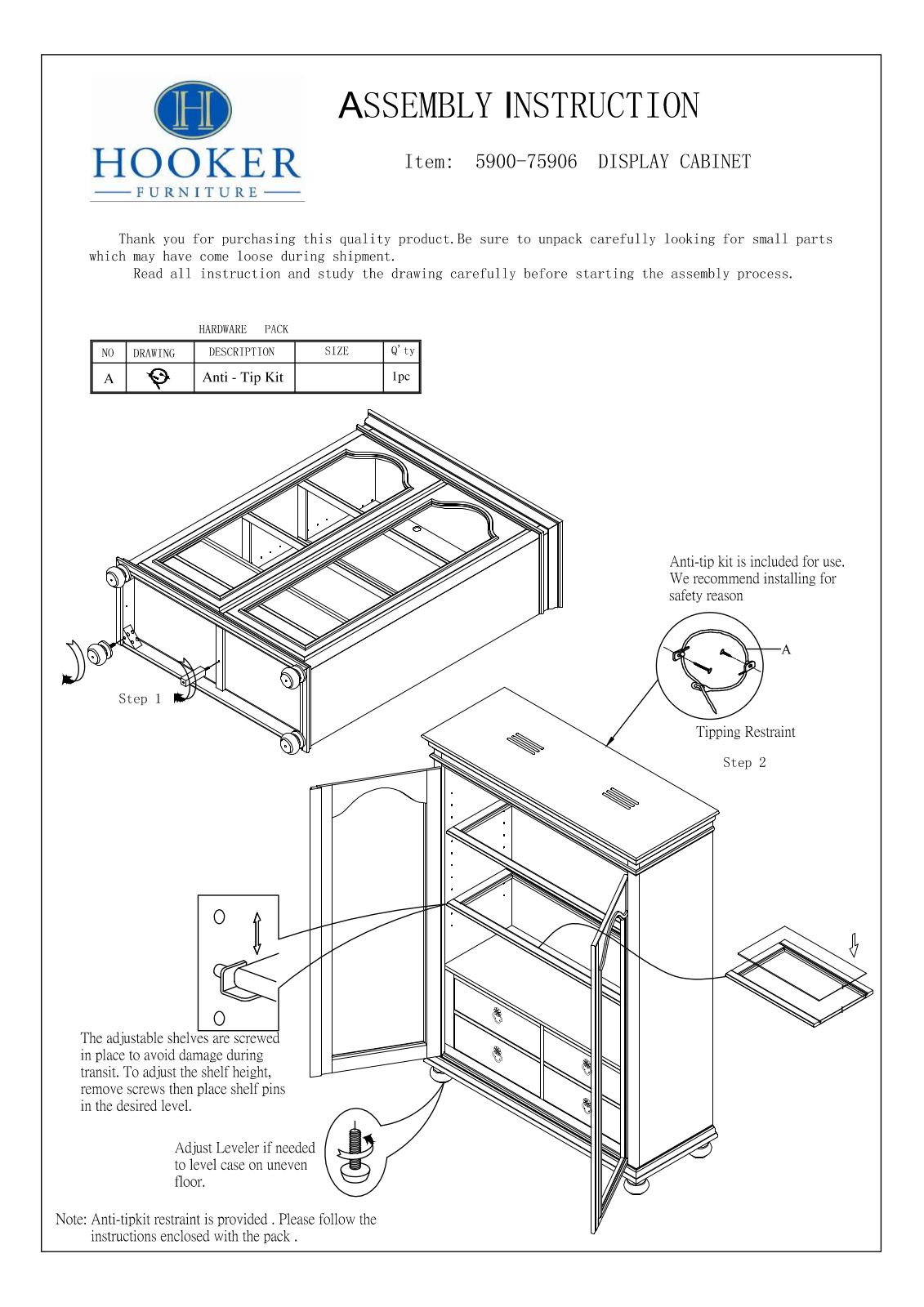 Hooker Furniture 590075906WH Assembly Guide