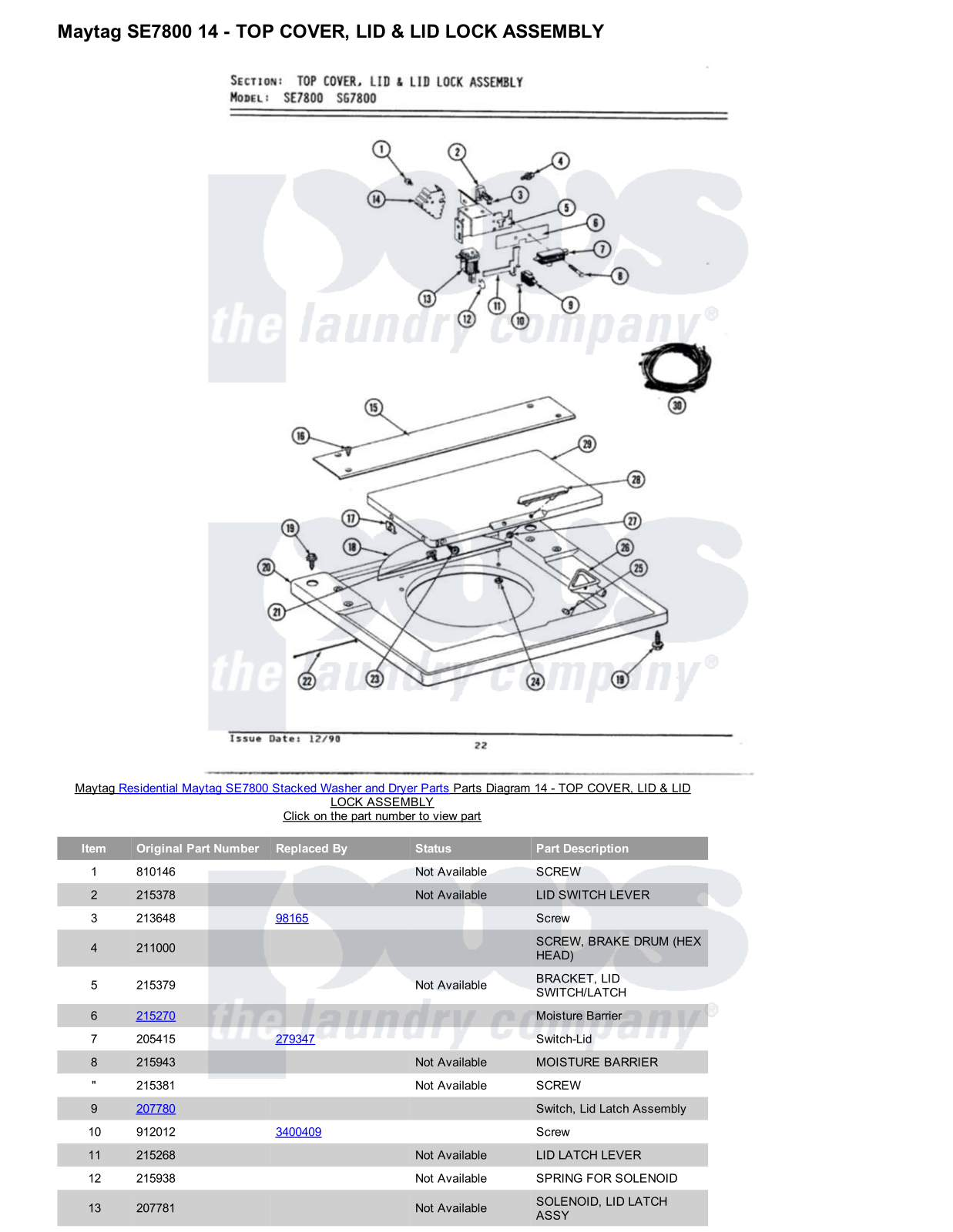 Maytag SE7800 Stacked and Parts Diagram