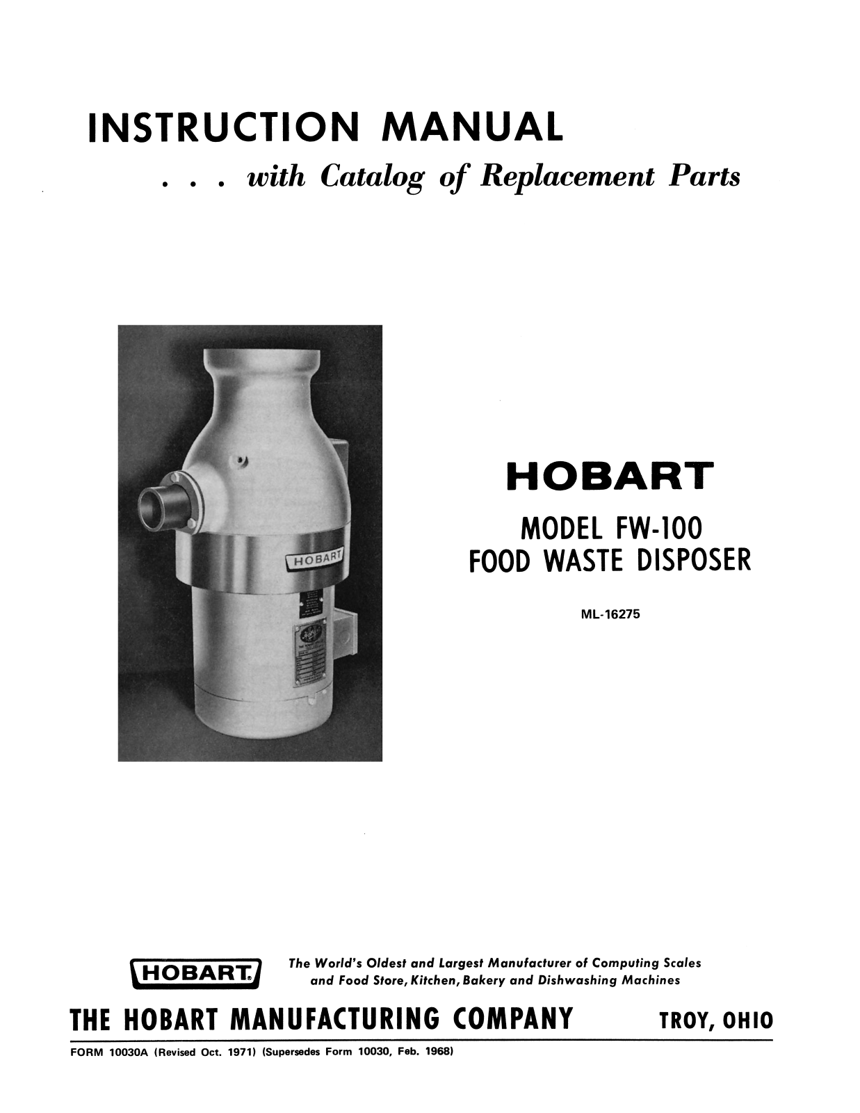 Hobart FW-100 Installation Manual