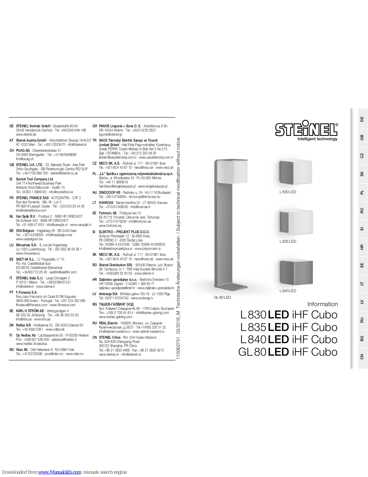 STEINEL L830LED iHF Cubo, L835LED iHF Cubo, L840LED iHF Cubo, GL80LED iHF Cubo Information - ManualMachine.com