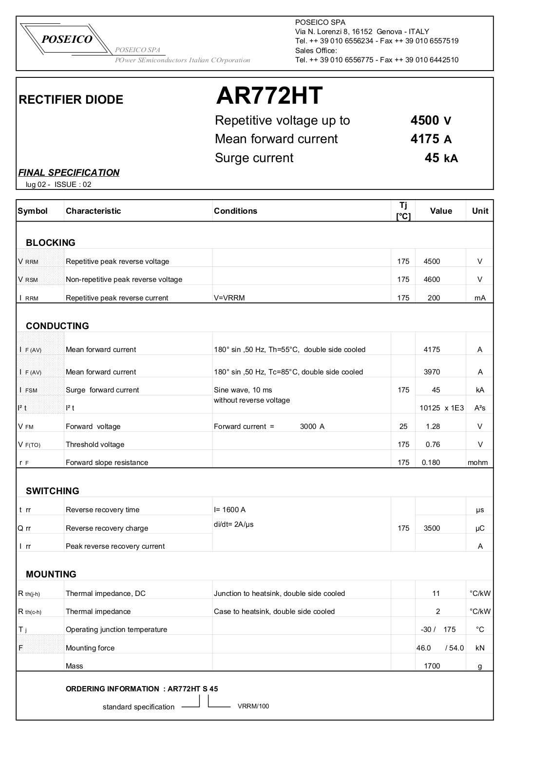 POSEICO AR772HTS45 Datasheet