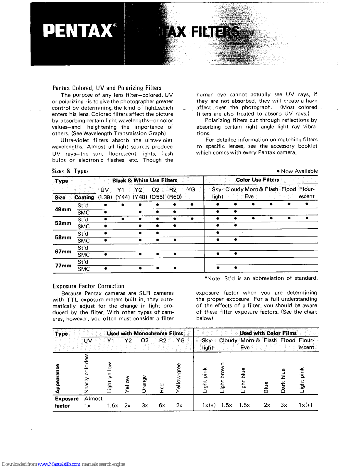 Pentax 37509 - SMC R2 - Filter, L39, Y44, Y48, O56 User Manual