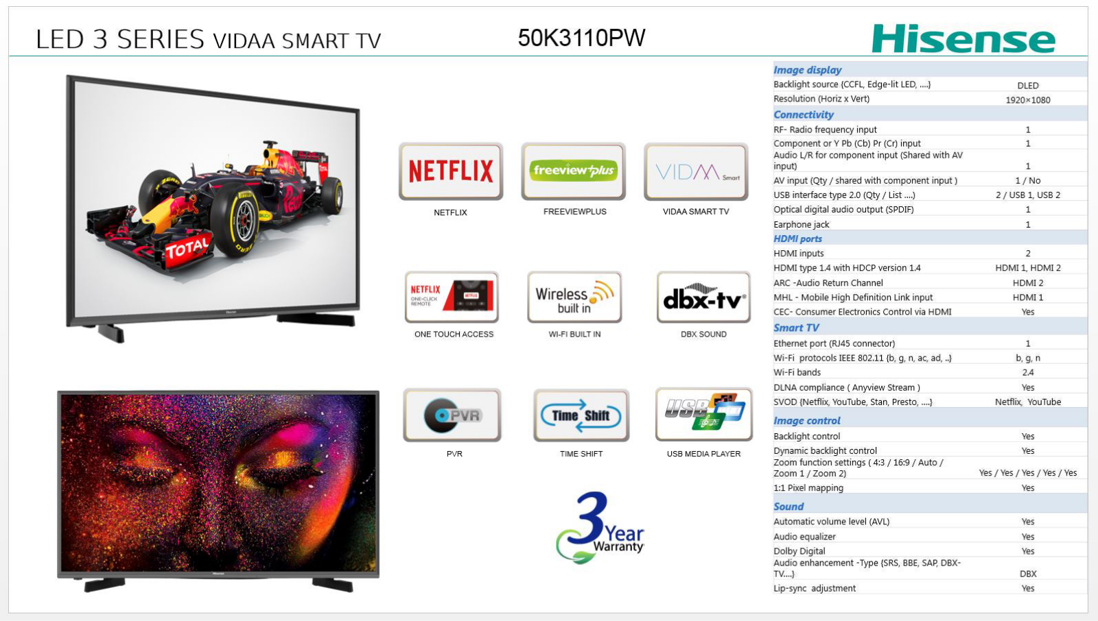 Hisense 50K3110PW Specifications Sheet