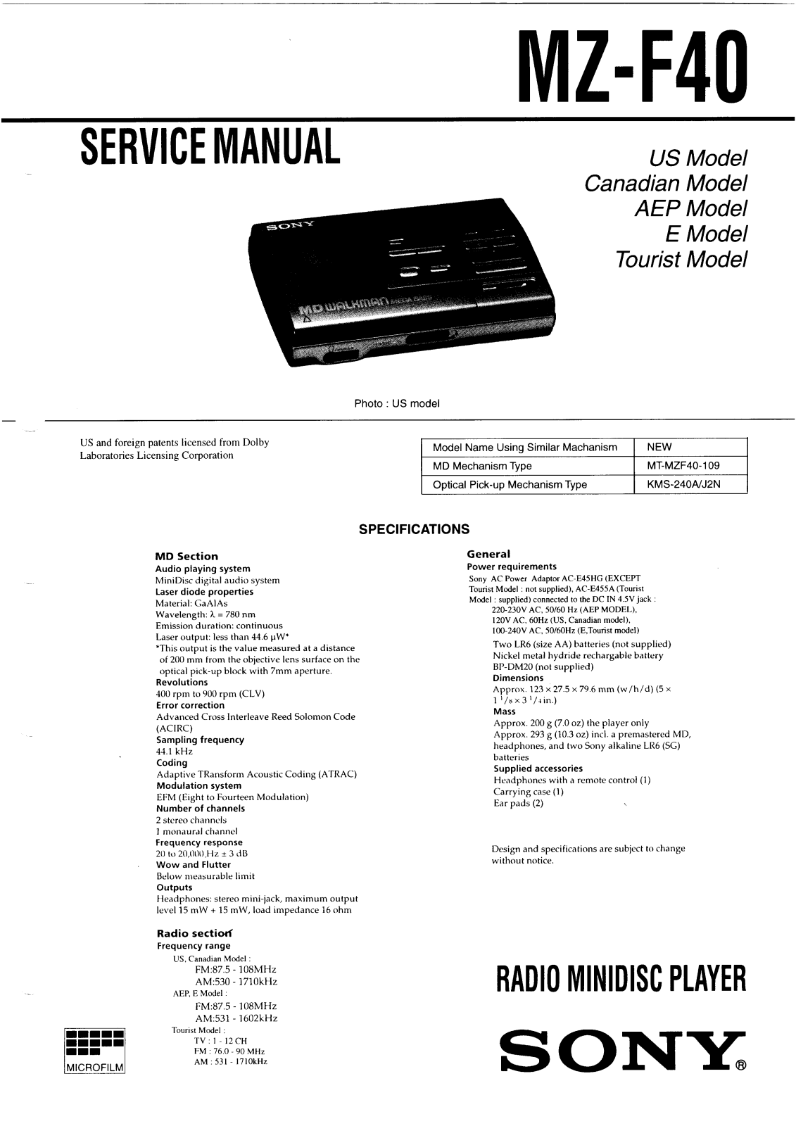 Sony MZF-40 Service manual