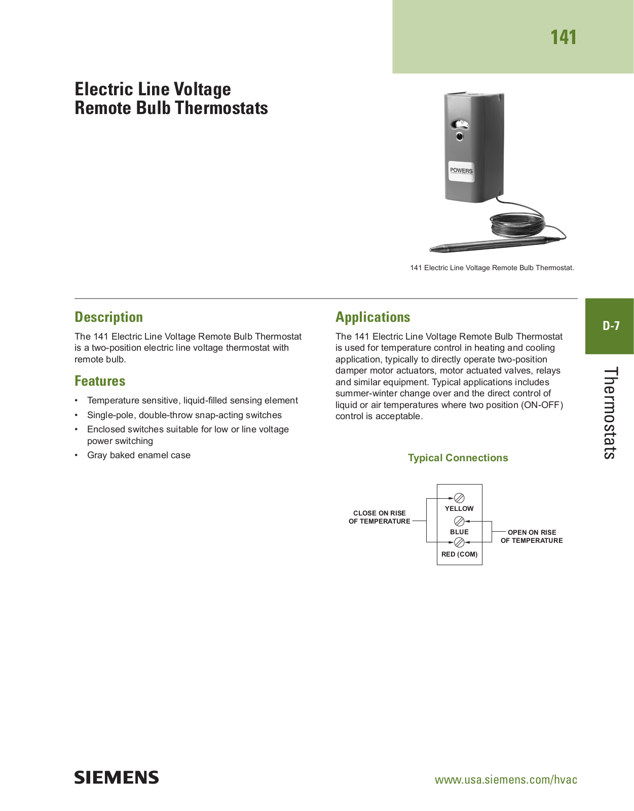 Siemens Building Technologies 141 Electric Line Voltage Remote Bulb Thermostat Catalog Page