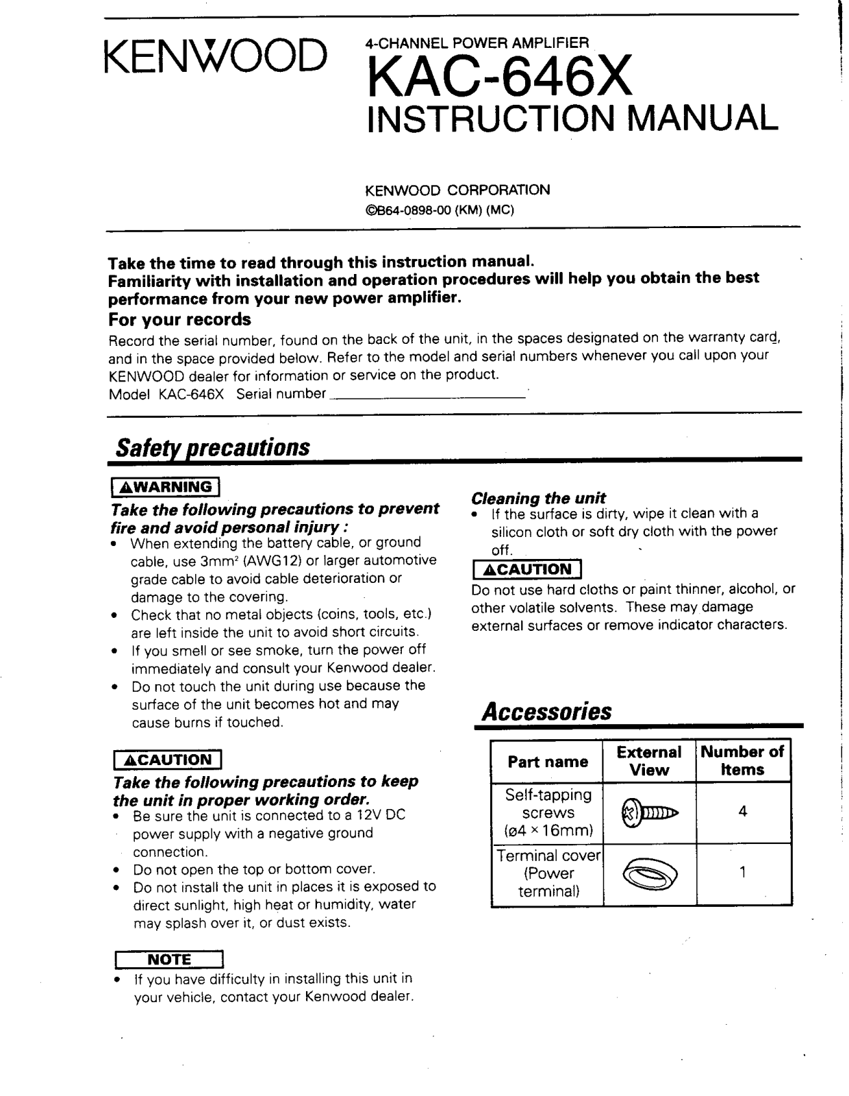 Kenwood KAC-646X Owner's Manual