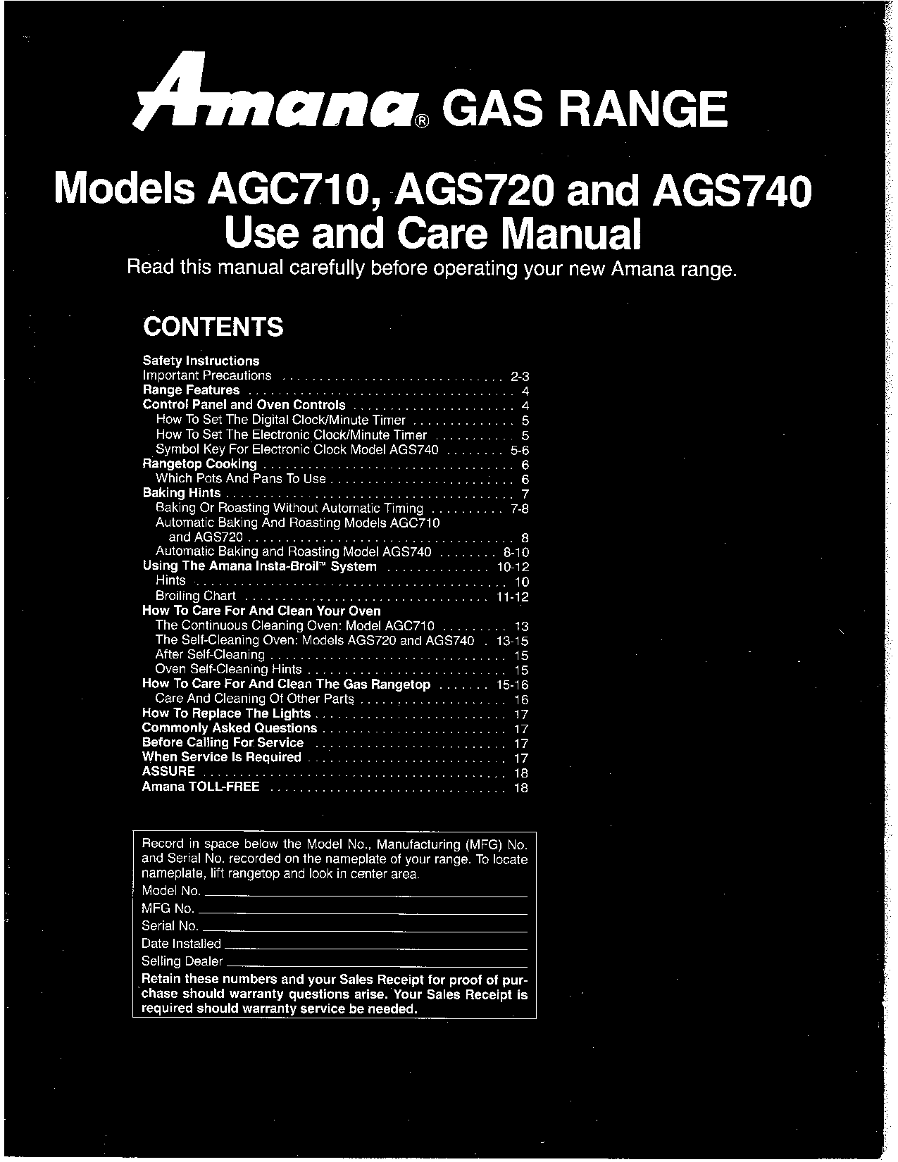 Amana AGS720, AGC710, AGS740 User Manual