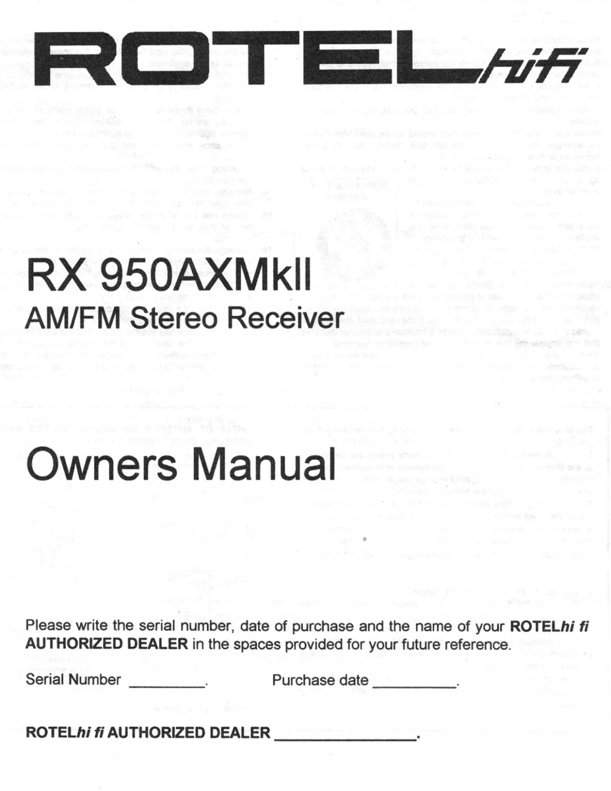 Rotel RX 950AXMKII User Manual