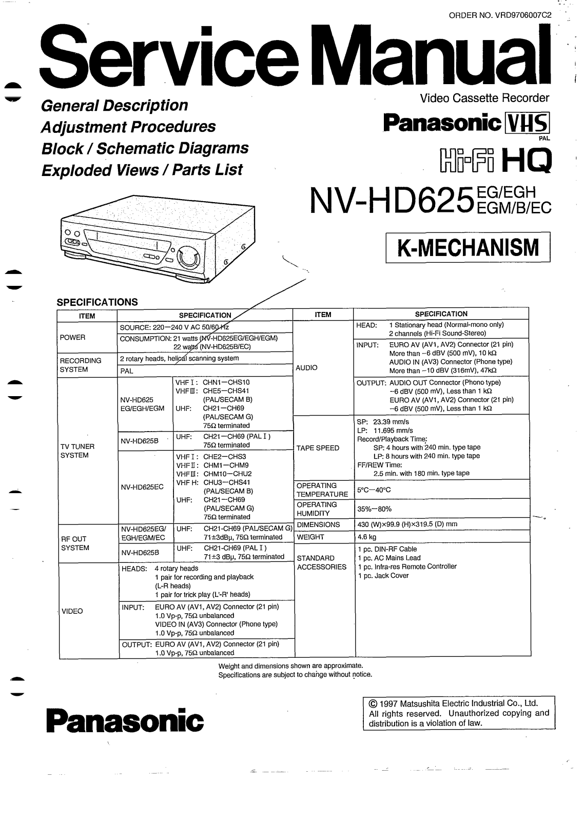 PANASONIC NV-HD625 Service Manual