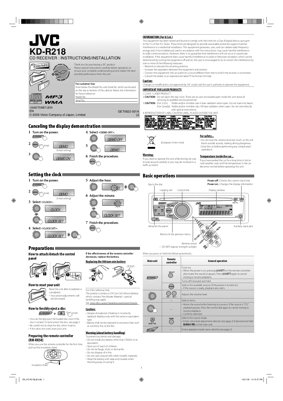 JVC KD-R415, KD-R316, KD-R416, 1009DTSMDTJEIN, GET0622-001A User Manual