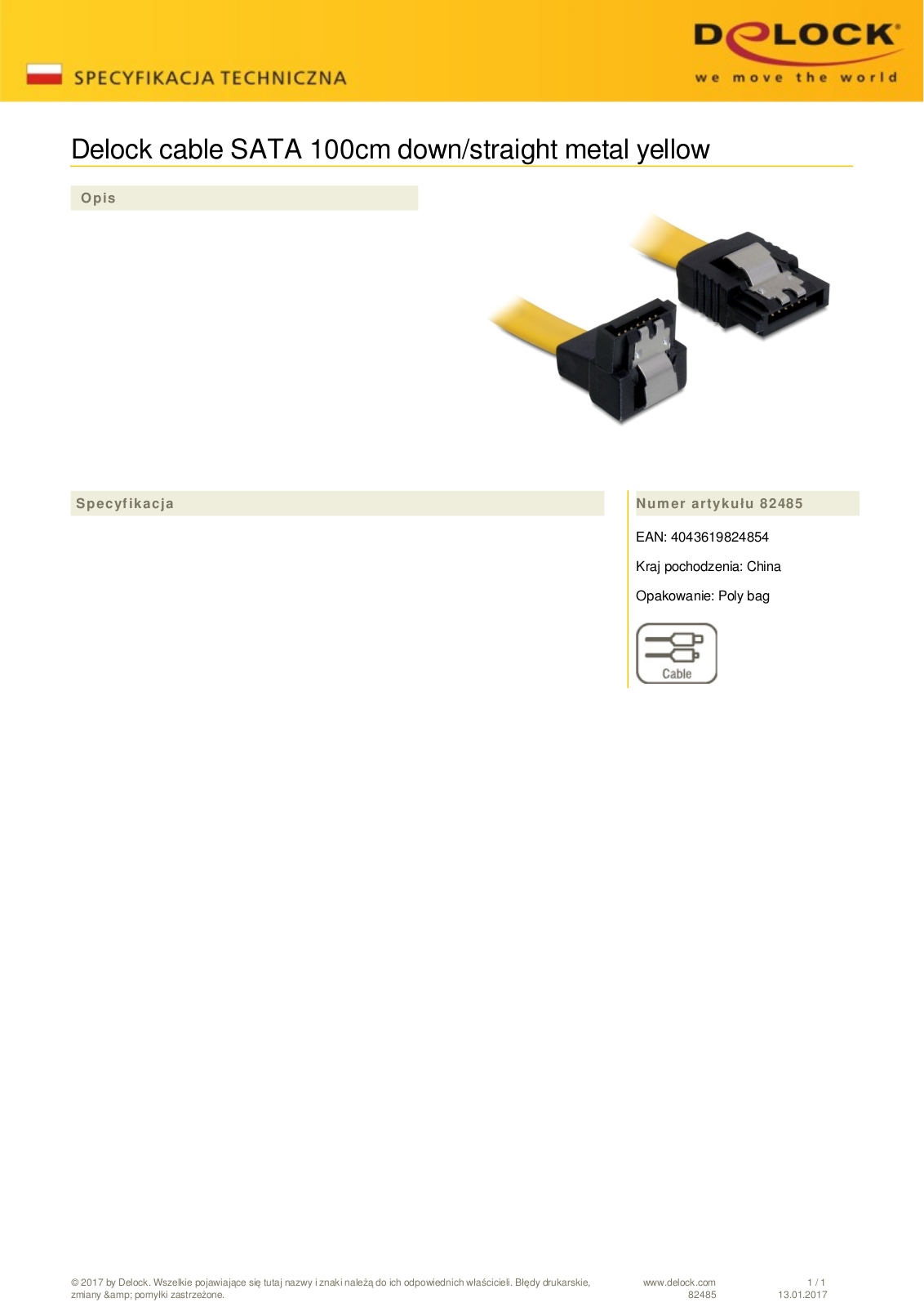 DeLOCK SATA cable yellow 1m with locking User Manual