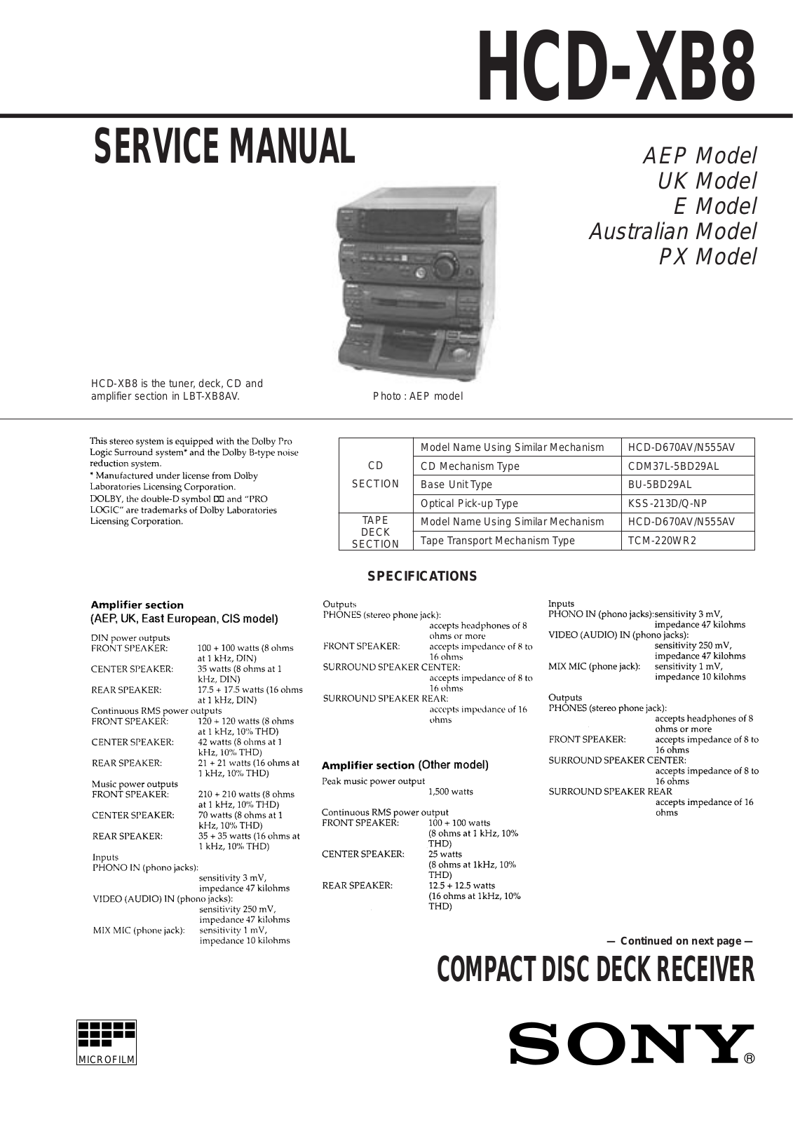 Sony HCD-XB8 User Manual