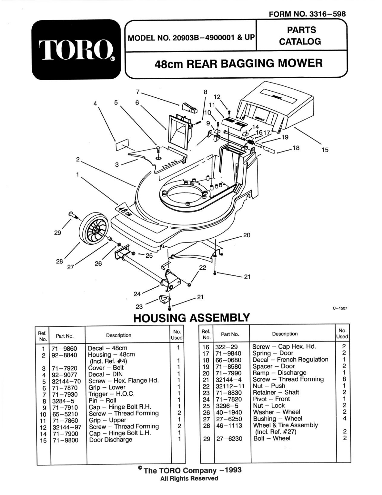 Toro 20903B Parts Catalogue