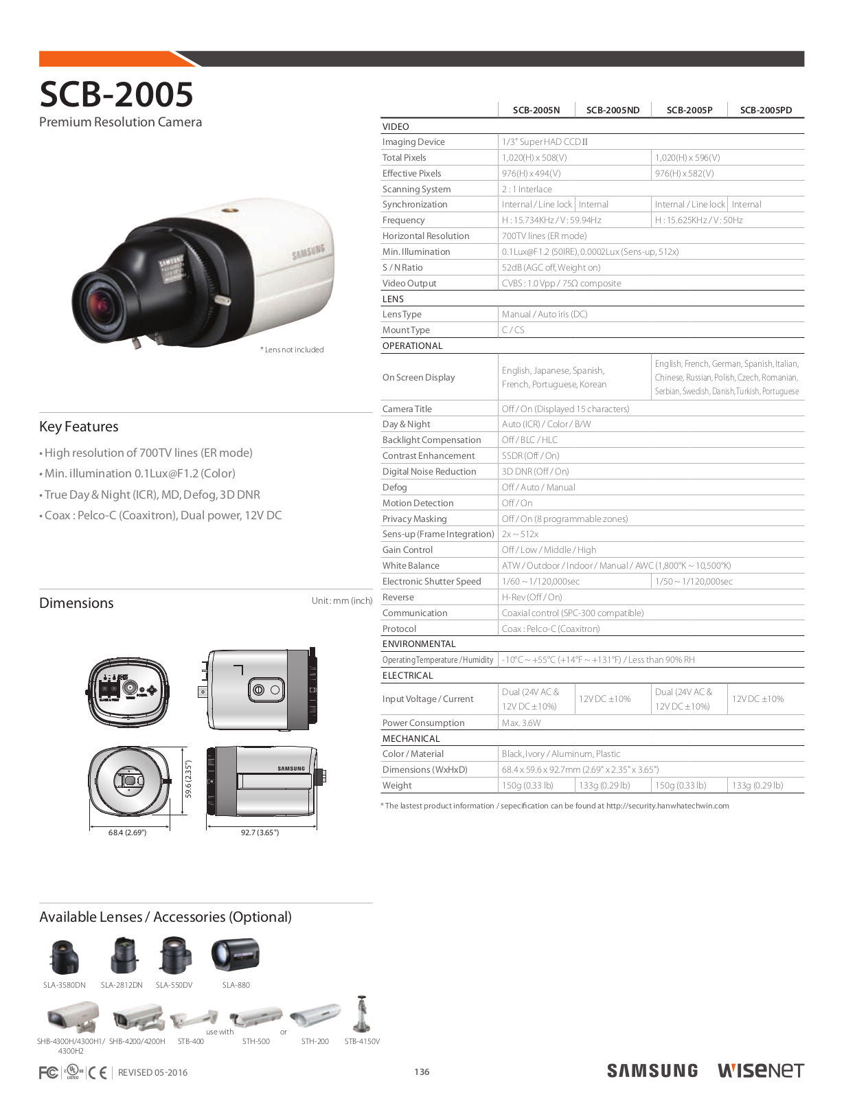 Samsung SCB-2005 Specsheet