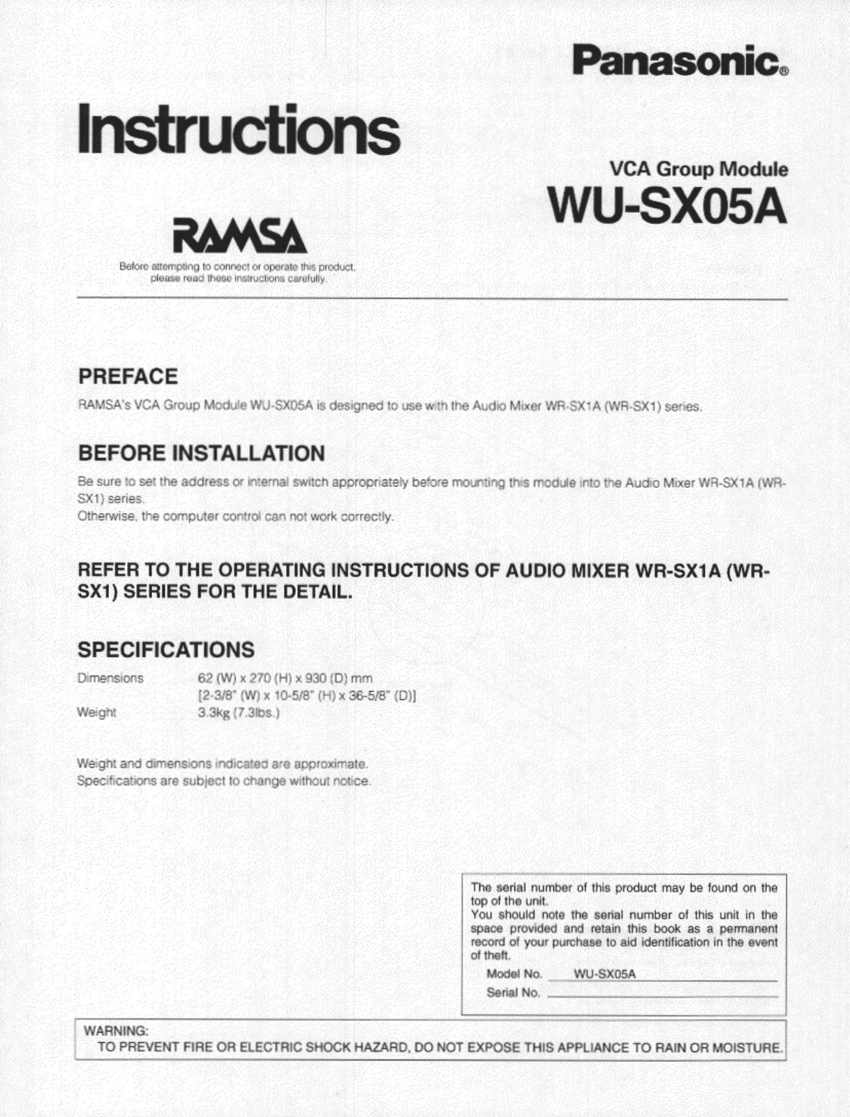 Panasonic wusx05a Operation Manual
