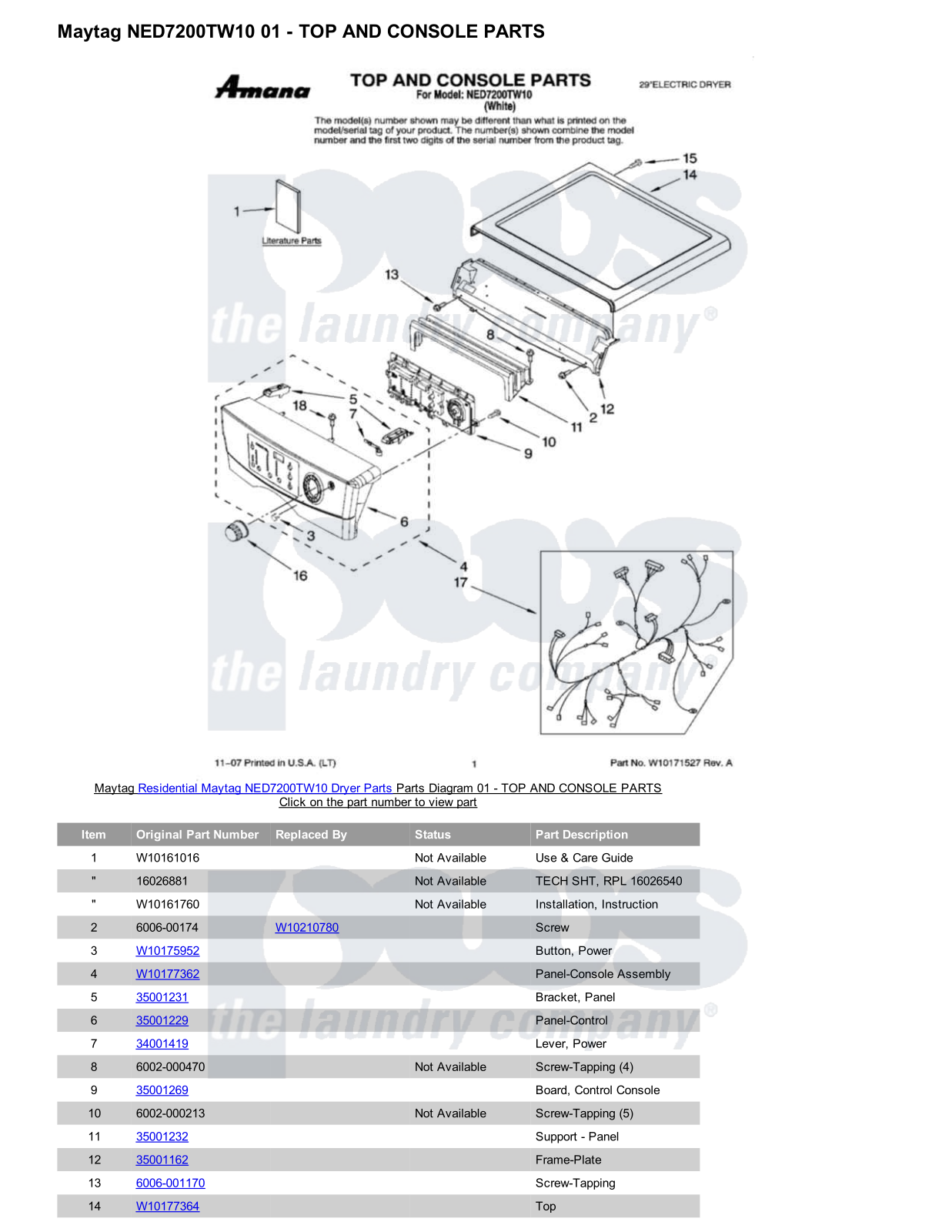 Maytag NED7200TW10 Parts Diagram