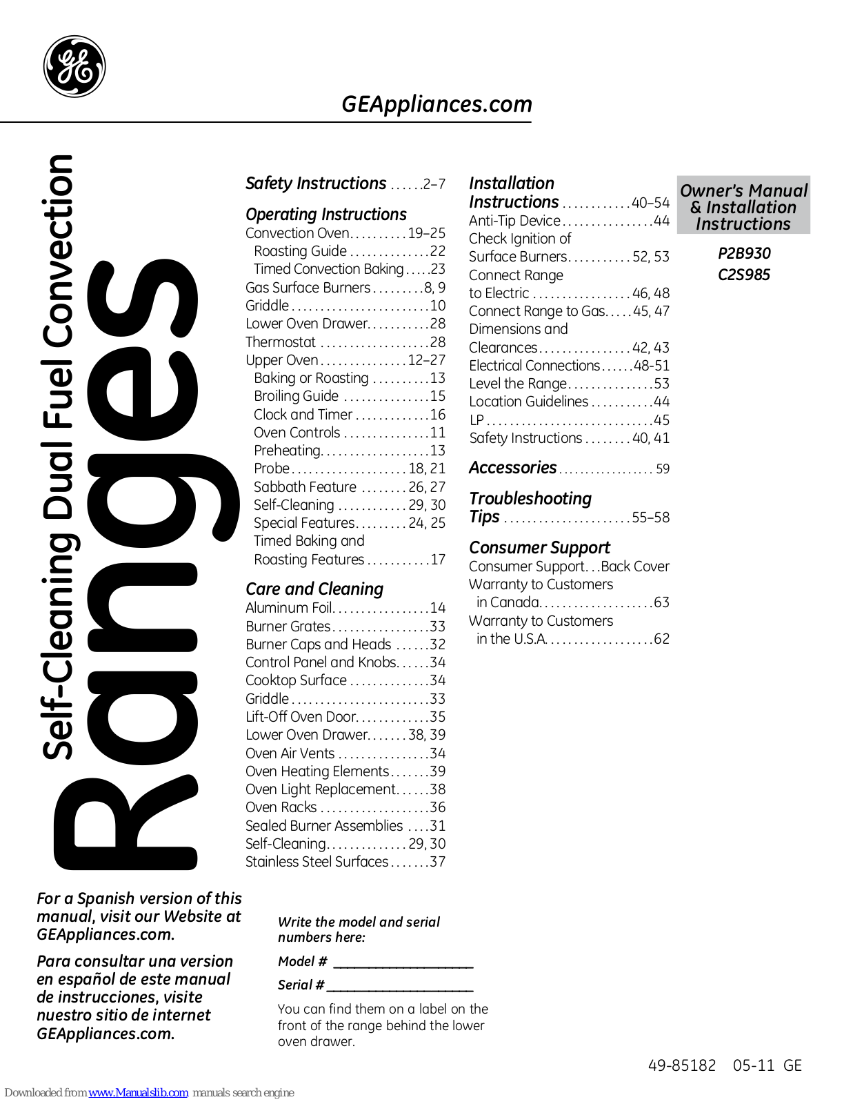 GE P2B930, C2S985 Owner's Manual & Installation Instructions