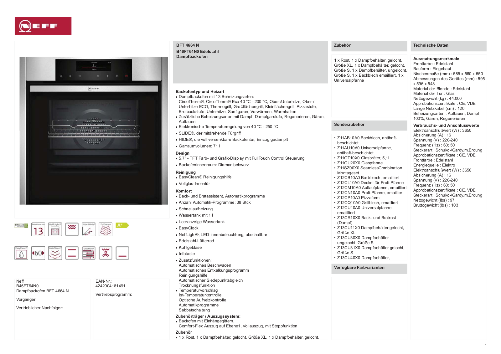 NEFF B46FT64N0 operation manual