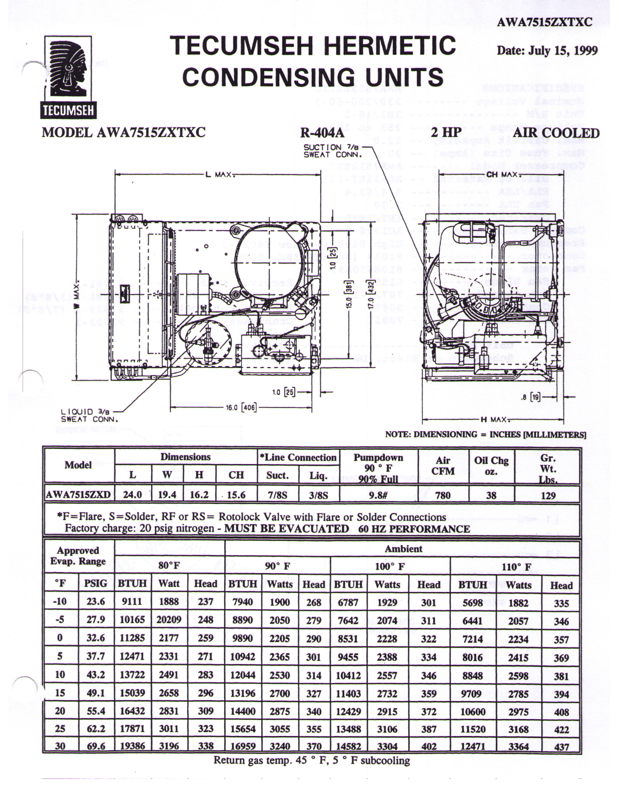 Tecumseh AWA7512ZXTXC Performance Data Sheet