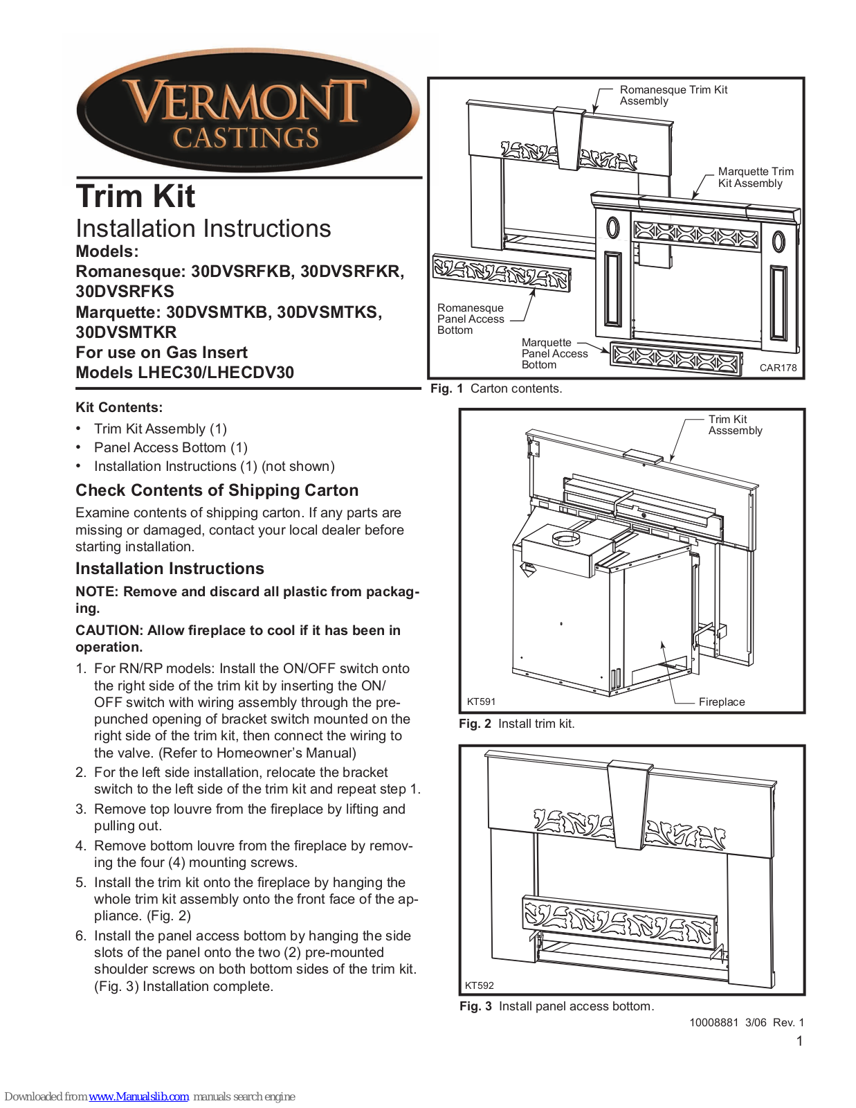 Vermont Castings Romanesque 30DVSRFKB, Romanesque 30DVSRFKR, Romanesque 30DVSRFKS, Marquette 30DVSMTKB, Marquette 30DVSMTKS Installation Instructions Manual