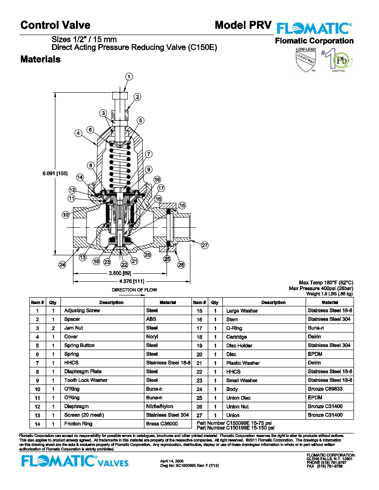 Flomatic C150E Parts List