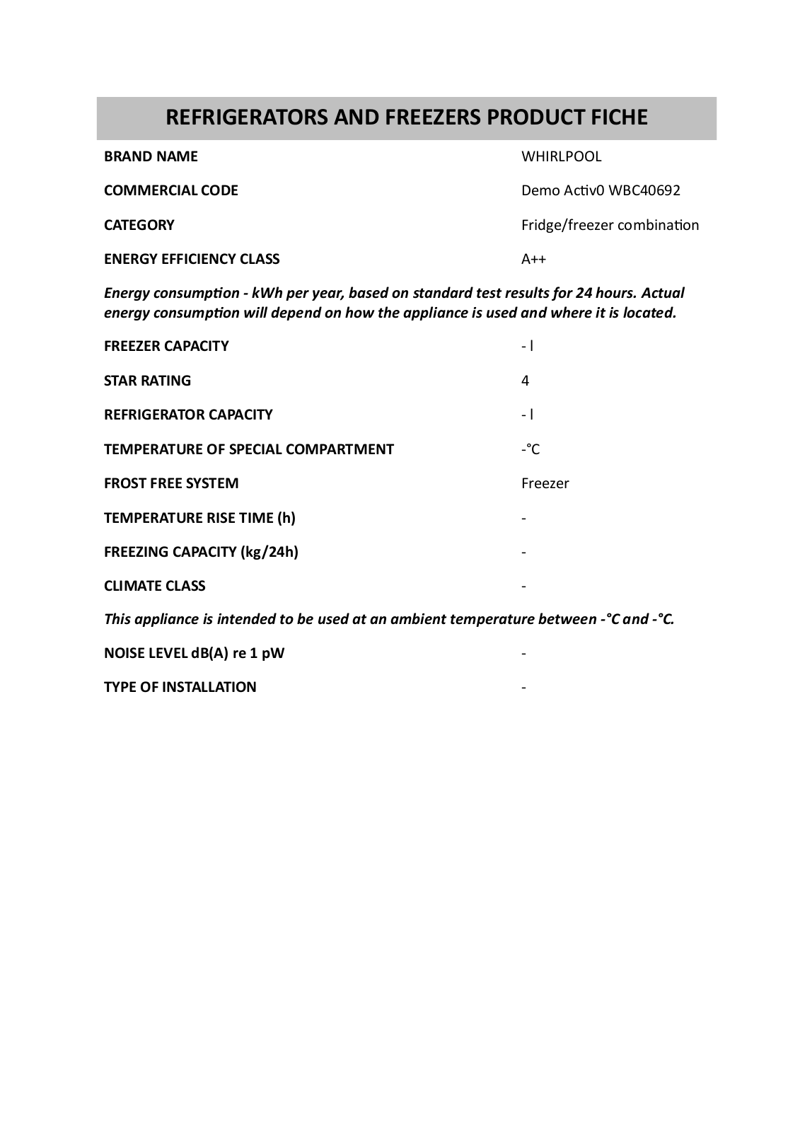 Whirlpool DEMO ACTIV0 WBC40692 Product Sheet