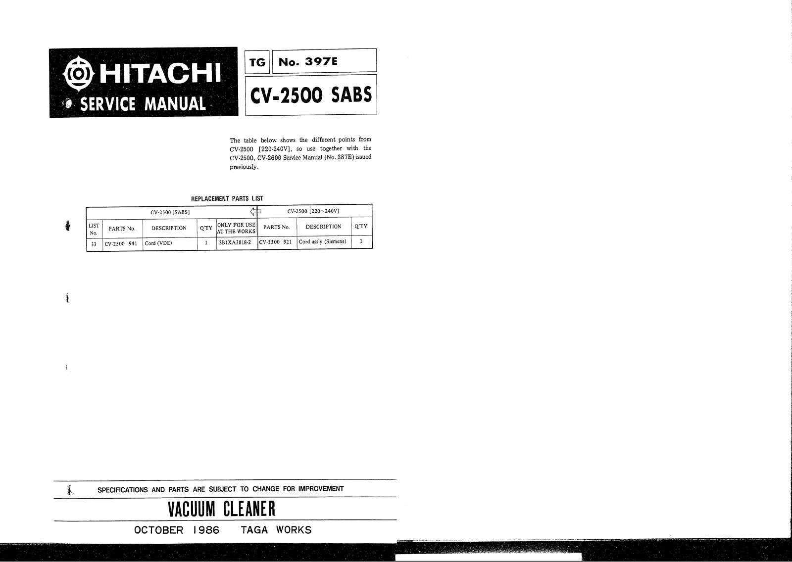 Hitachi CV2500 SABS Service Manual
