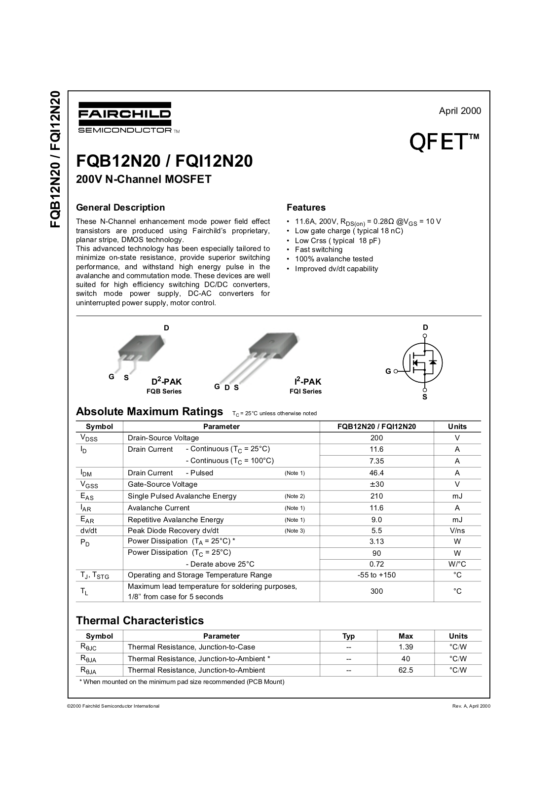 Fairchild Semiconductor FQB12N20 Datasheet