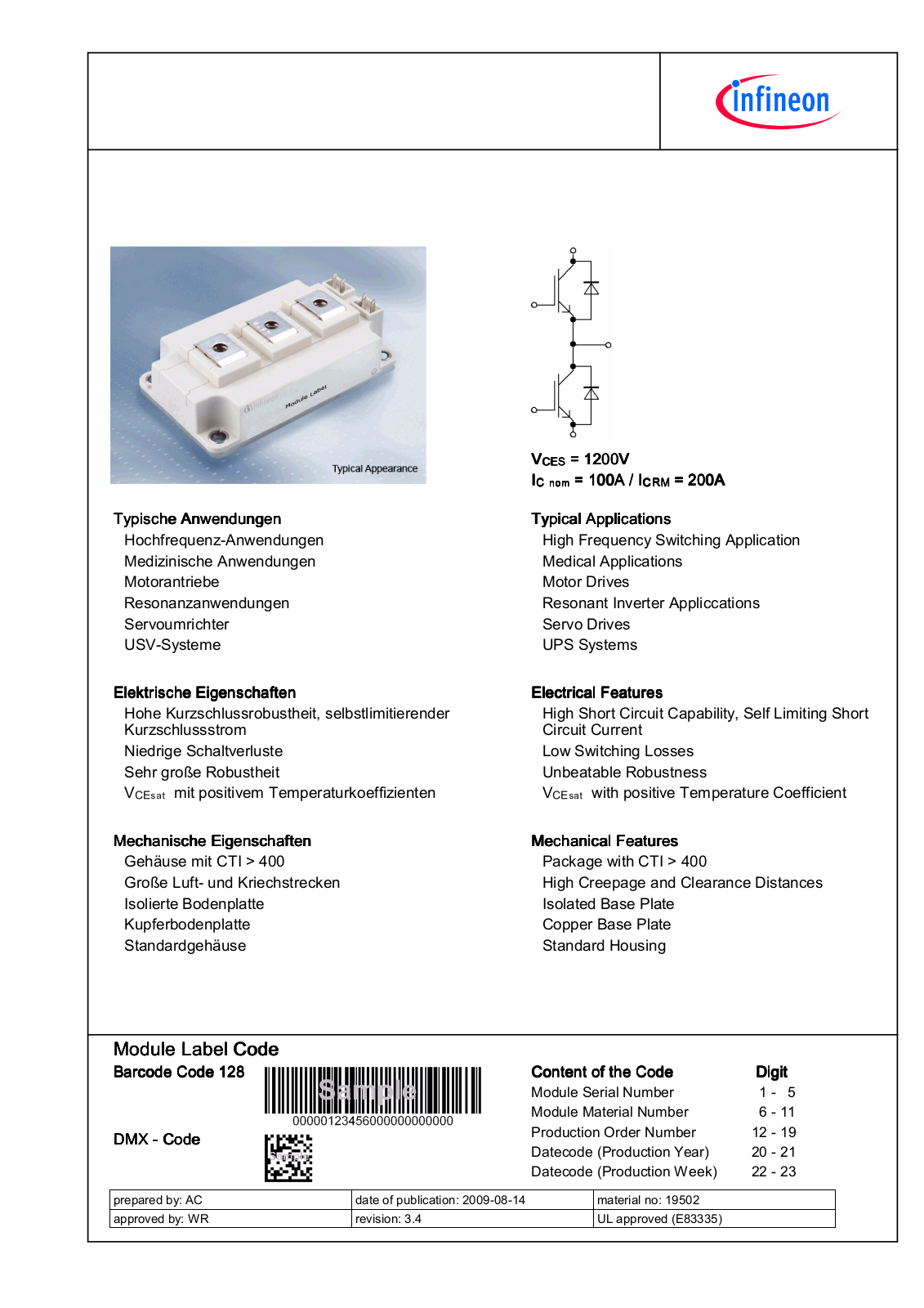 Infineon FF100R12KS4 Data Sheet