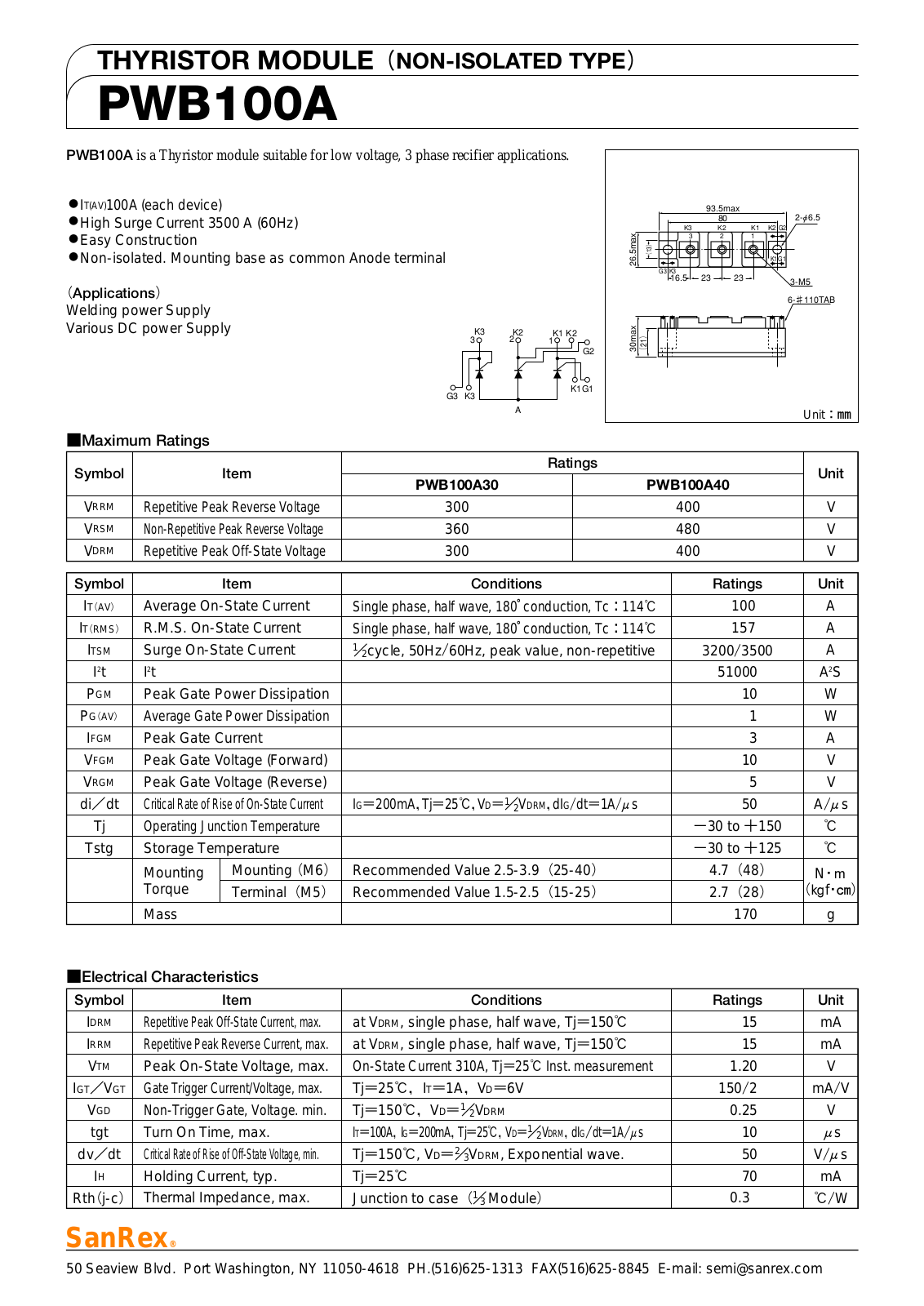 Sanrex-Sansha Electric Manufacturing PWB100A Data Sheet