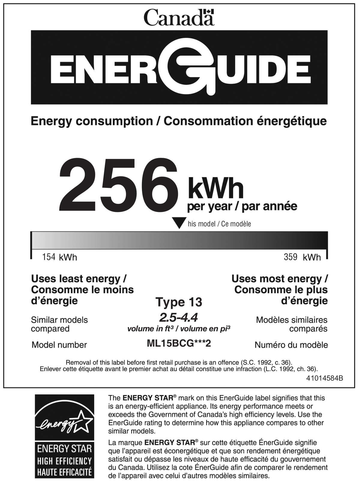 Marvel ML15BCG2RS Energy Guide