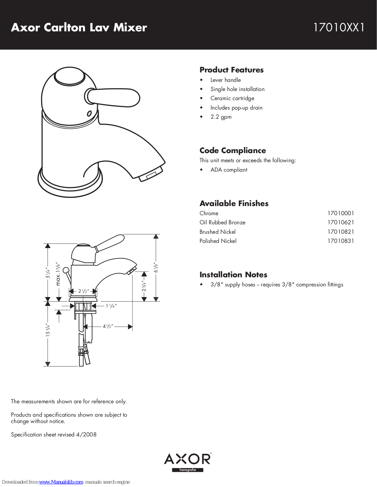 Axor 17010001, 17010621, 17010821, 17010831 Specification Sheet