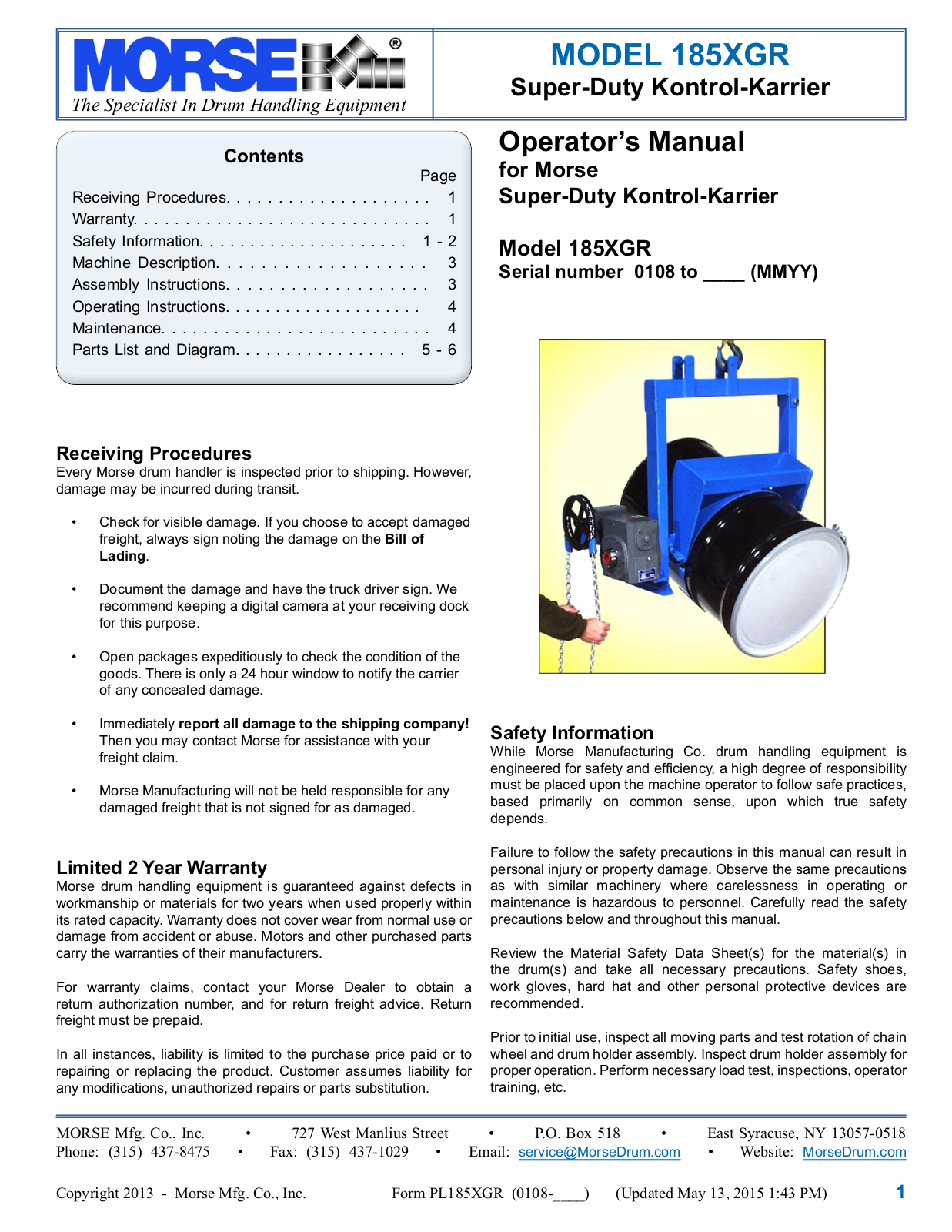 Morse 185XGR User Manual