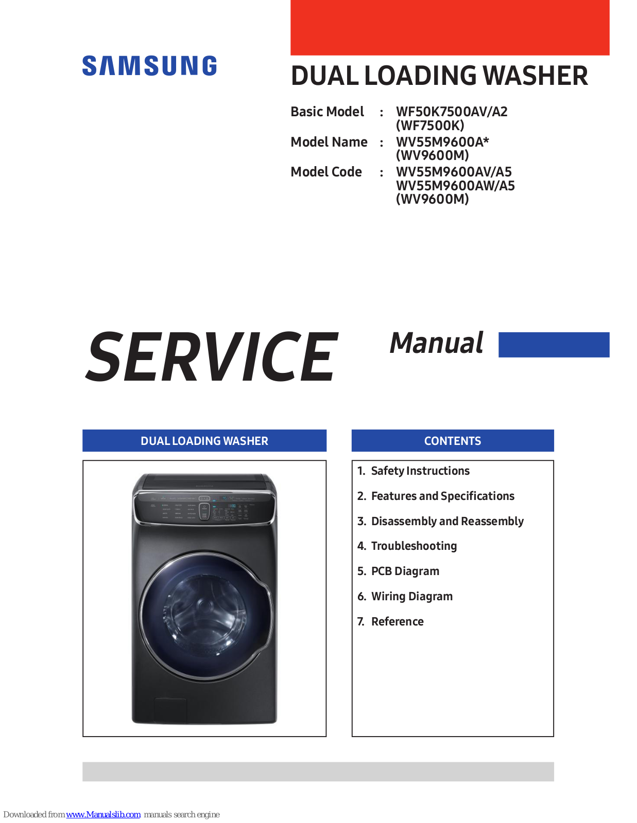 Samsung WV55M9600AV, WV55M9600A Series, WF50K7500AV/A2, WF7500K, WV55M9600AW/A5 Service Manual